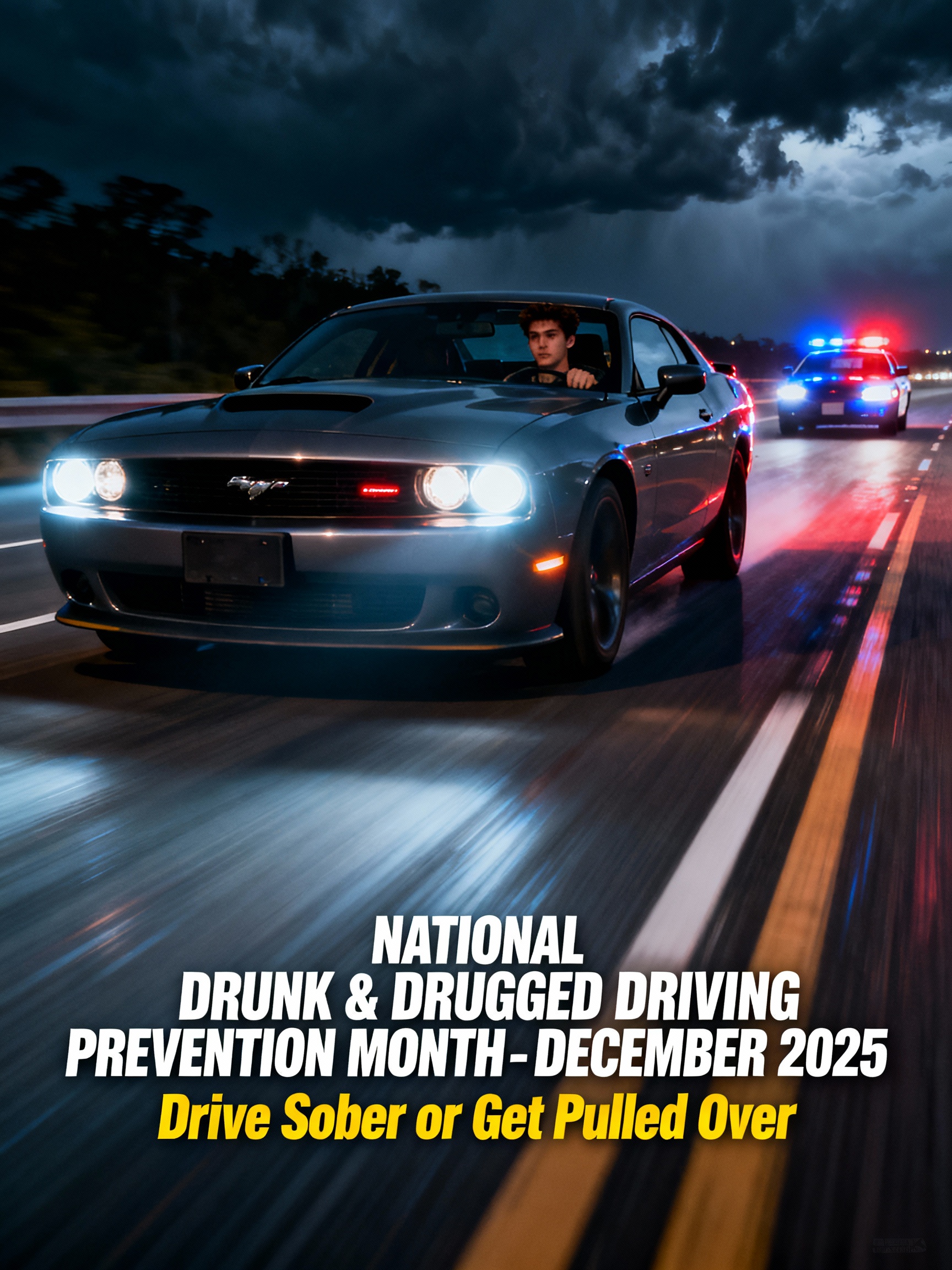 Modern muscle car speeding with police pursuit in background