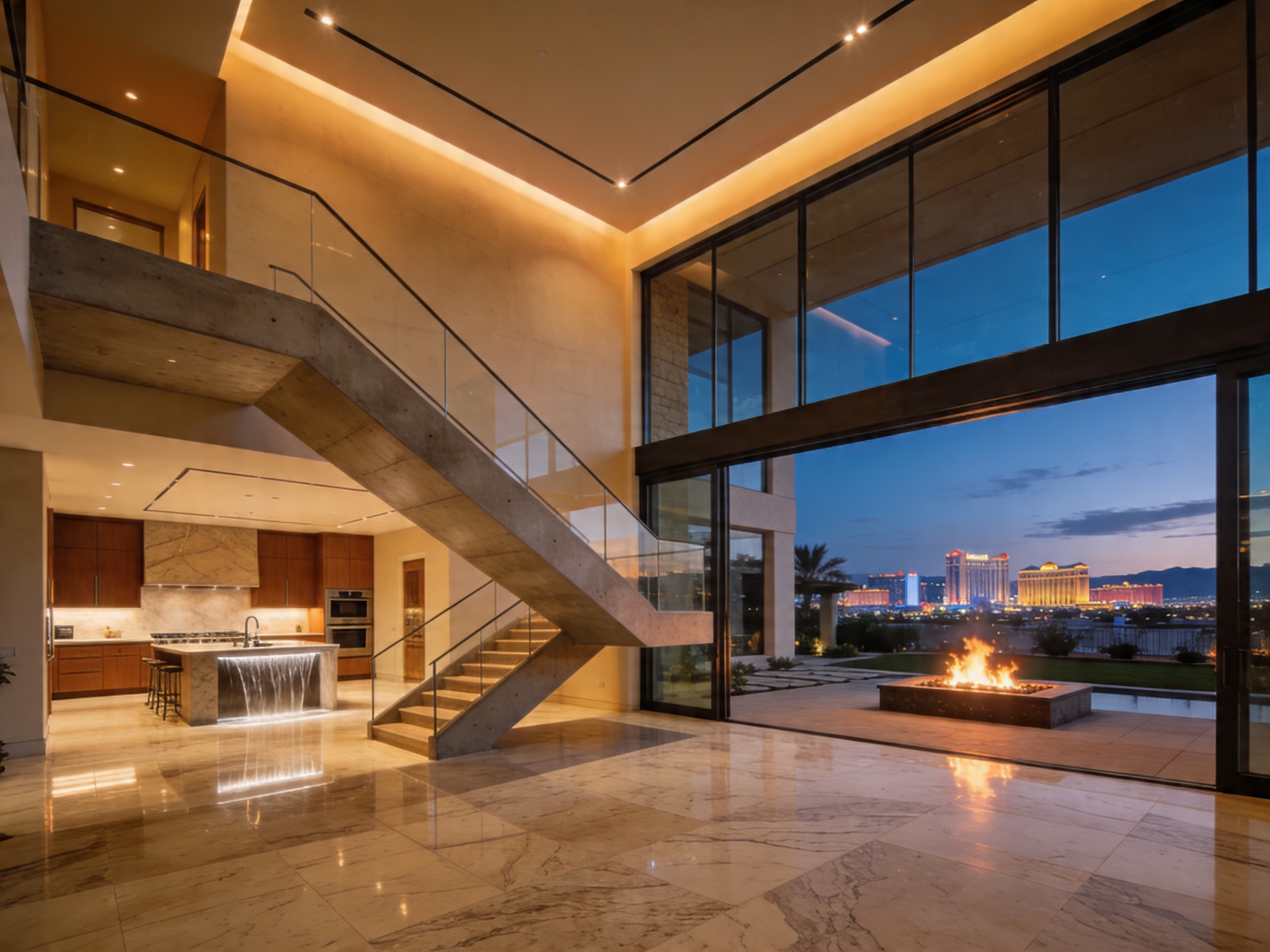 Ultra-luxury Henderson Nevada home interior showcasing soaring 22-foot ceilings with floating concrete staircase Italian marble floors and full-height glass walls revealing Las Vegas Strip views