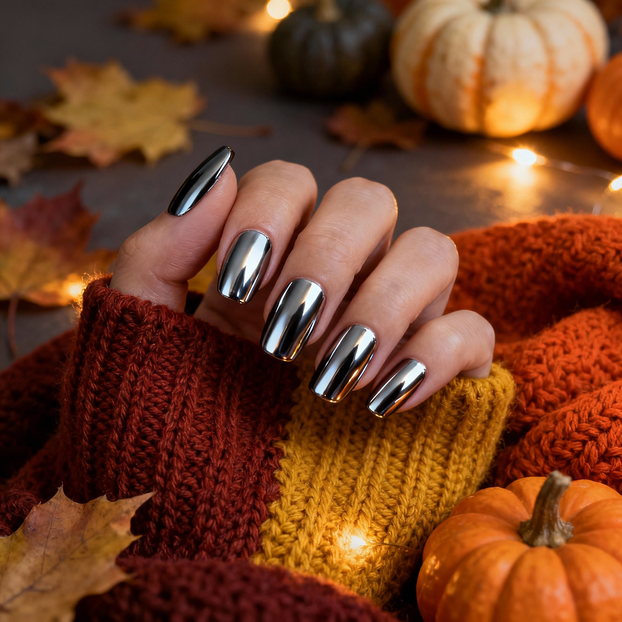 Chrome mirror Halloween nails with warm autumn styling