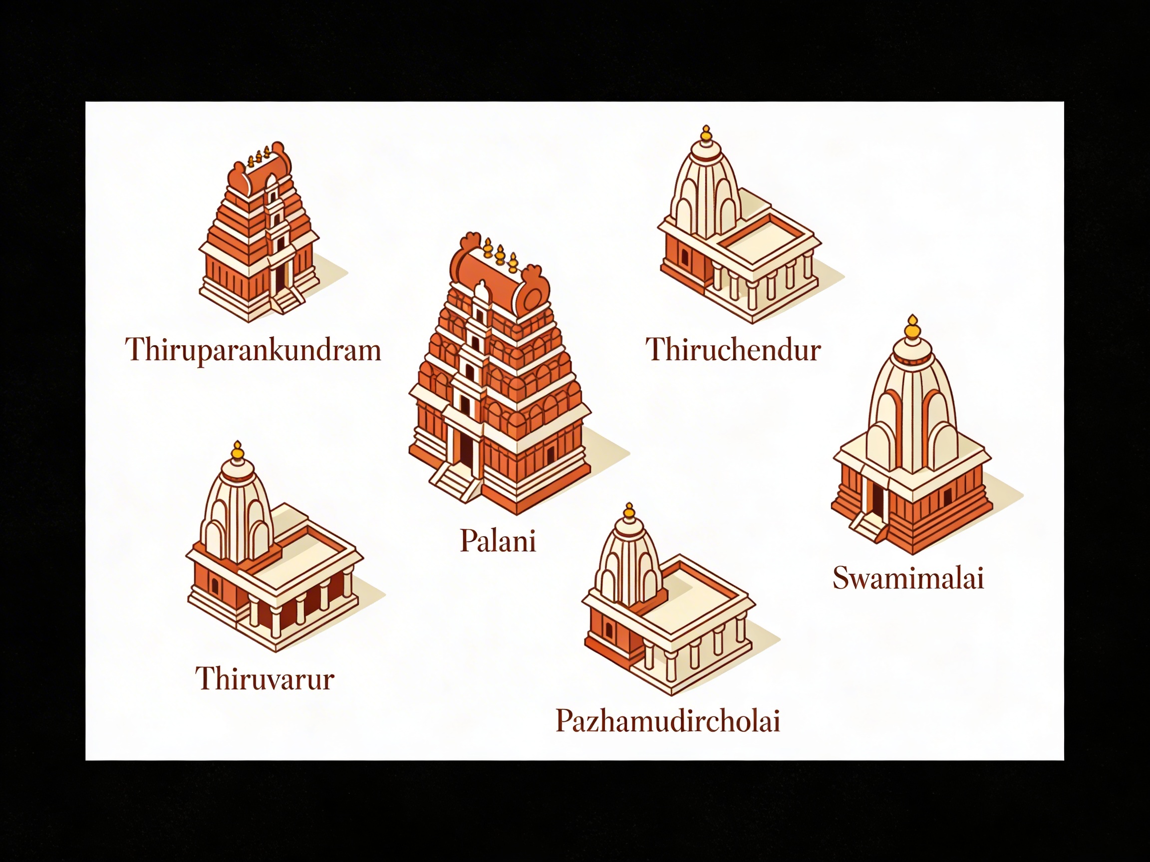 Illustrated map of the six Arupadai Veedu temples of Lord Murugan in Tamil Nadu, drawn in a hand-illustrated devotional style