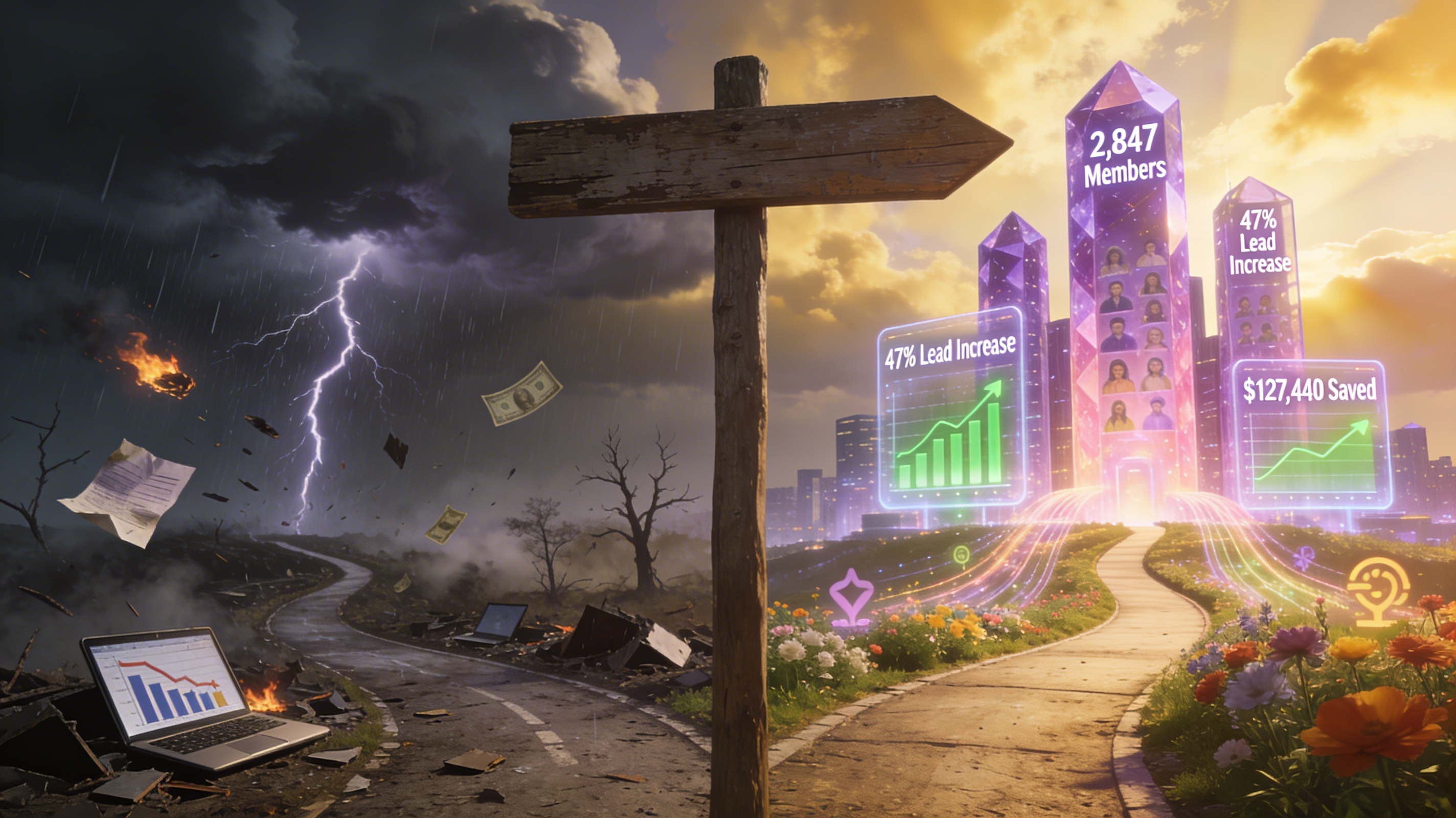 Photorealistic dramatic cinematic fork in the road with weathered wooden signpost at junction, left path descends into dark stormy landscape with broken laptops showing declining ad metrics, crumpled marketing proposals, burned money floating away, right path ascends toward bright futuristic cityscape with holographic purple and pink towers displaying Discord community metrics 2,847 Members, 47% Lead Increase, $127,440 Saved