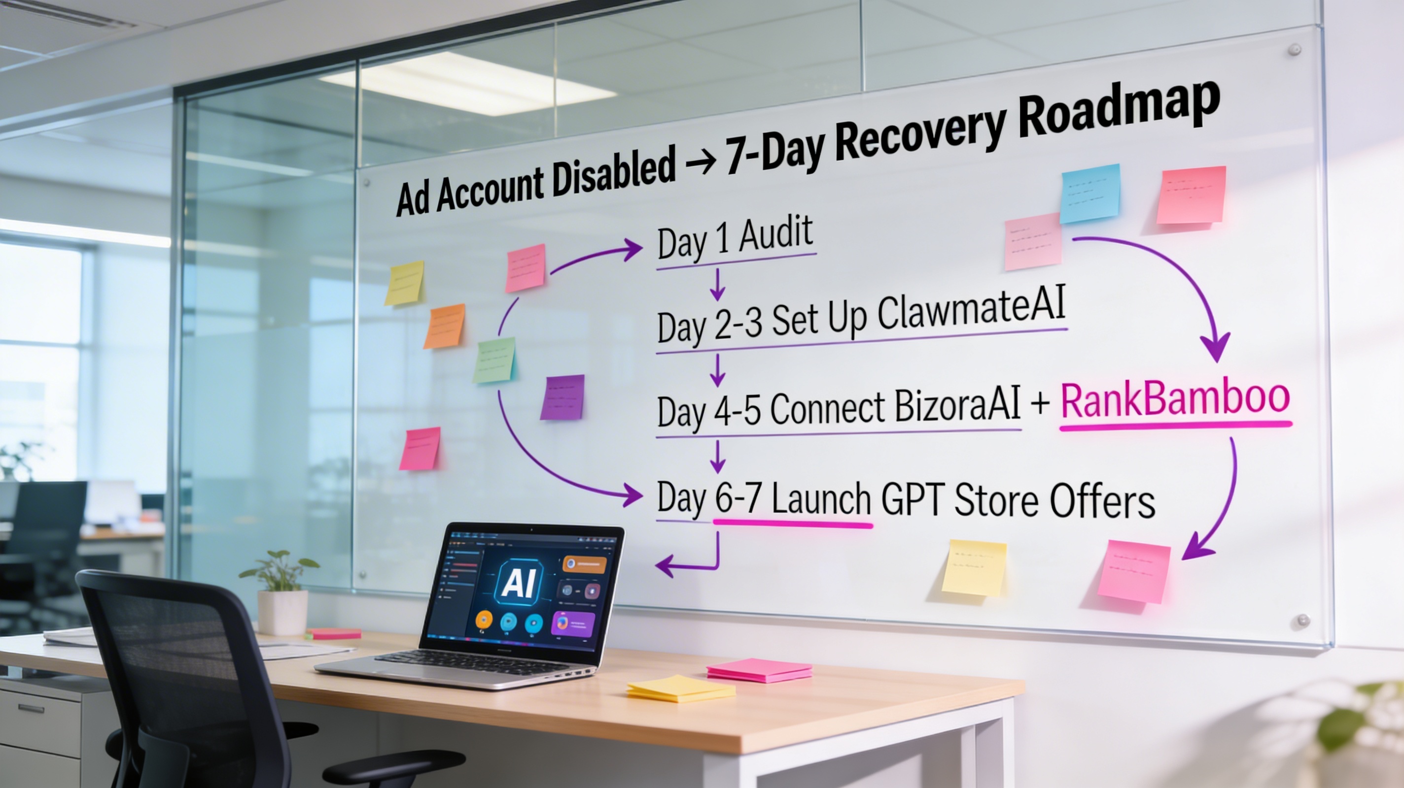 Photorealistic scene of a whiteboard or glass wall in a modern U.S. office with a 7-day action plan titled Ad Account Disabled → 7-Day Recovery Roadmap written across the top. Each day is labeled Day 1 Audit, Day 2-3 Set Up ClawmateAI, Day 4-5 Connect BizoraAI + RankBamboo, Day 6-7 Launch GPT Store Offers. Colorful sticky notes, arrows between steps, pink and purple accent markers, laptop open with AI tools on the desk, bright and motivating, 16:9.