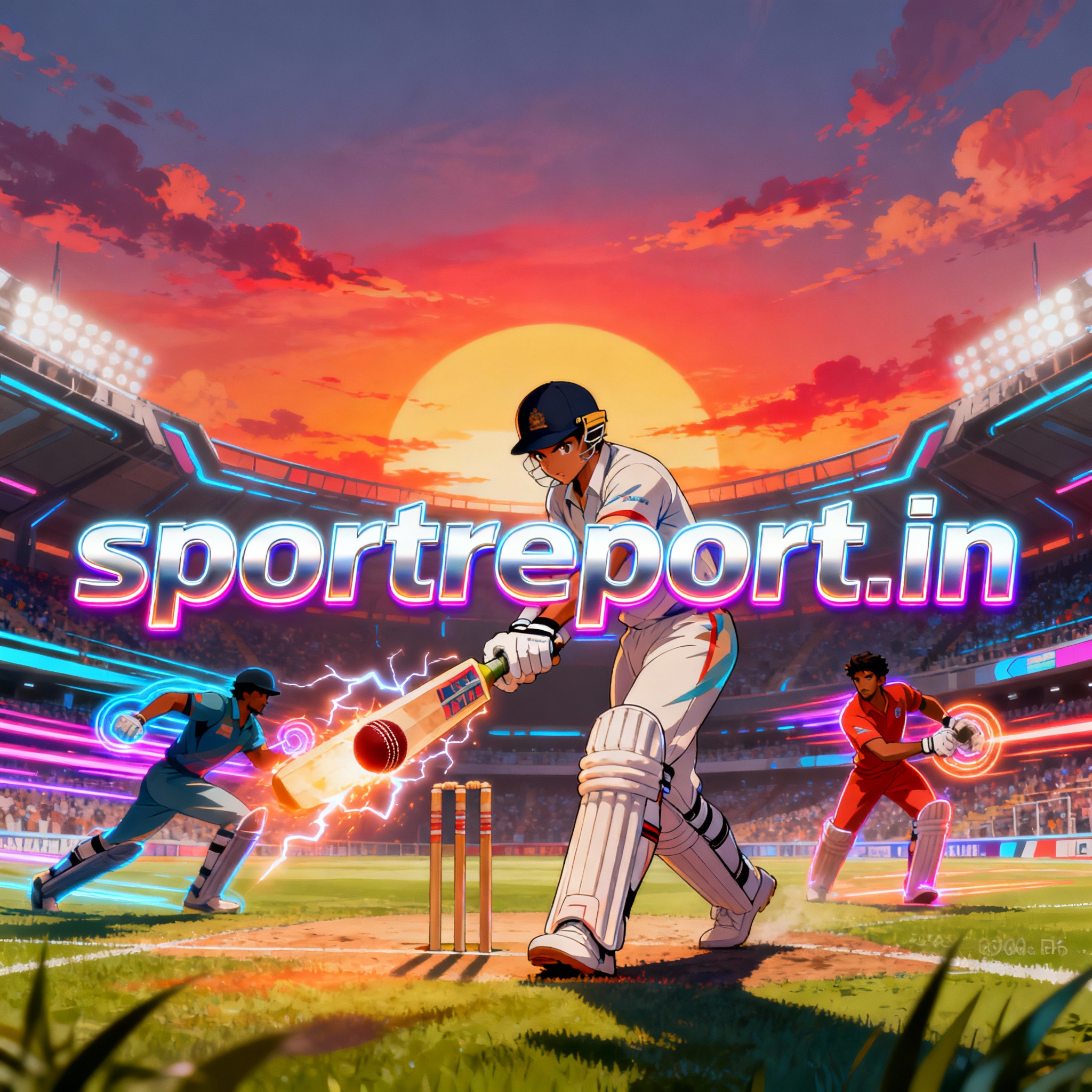 Epic anime sports poster with large glowing sportreport.in domain centered.