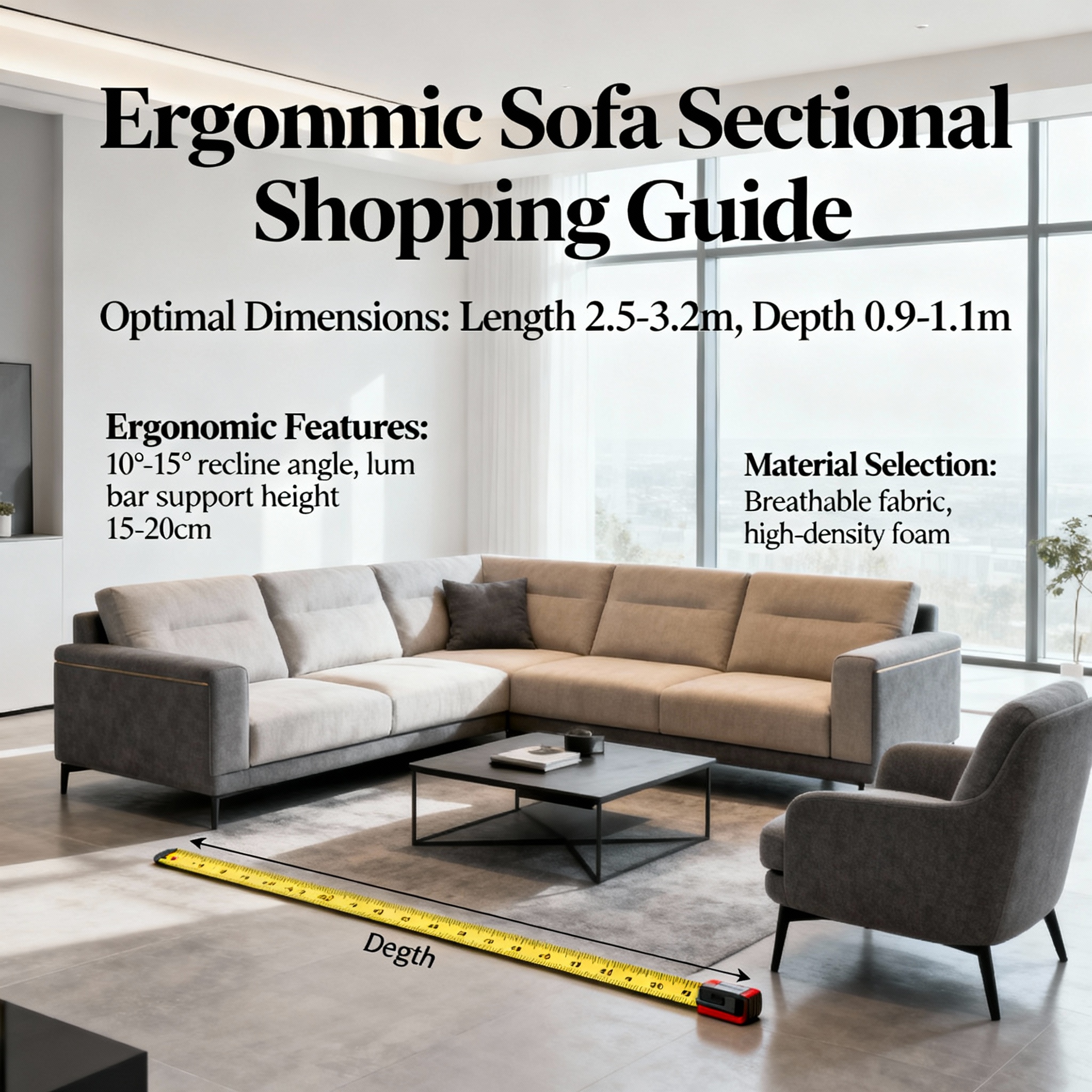 Modern living room showing proper sofa sizing and measurement considerations with sectional sofa and coffee table