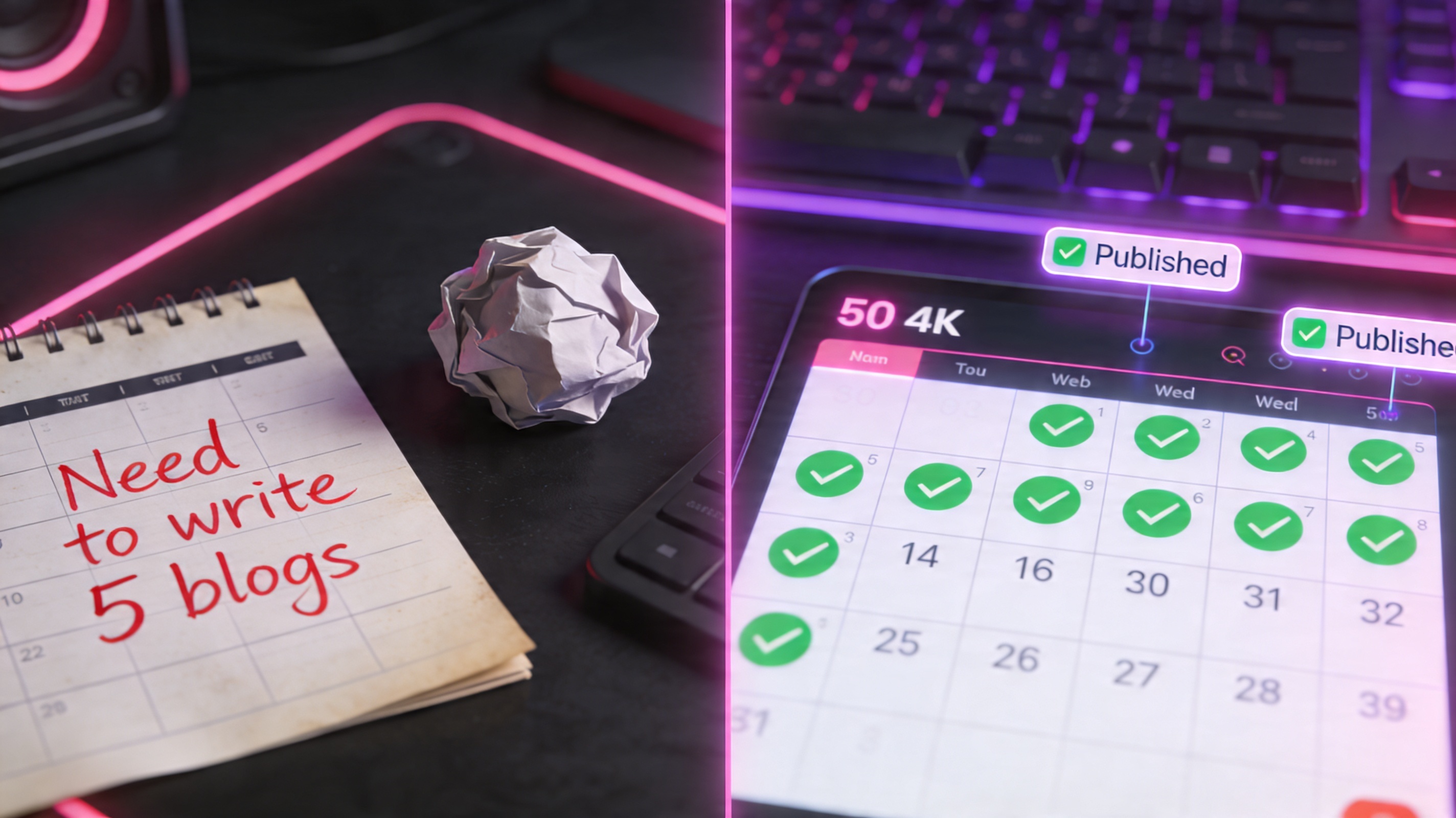 Photorealistic split screen. On the left, an old paper calendar with handwritten 'Need to write 5 blogs' in red ink next to a stressed, crumpled paper ball. On the right, a sleek glowing digital calendar app showing exactly 50 green checkmarks automatically populating across the week, 'Published' tags popping up. Dark, modern workspace, neon pink and purple accents.