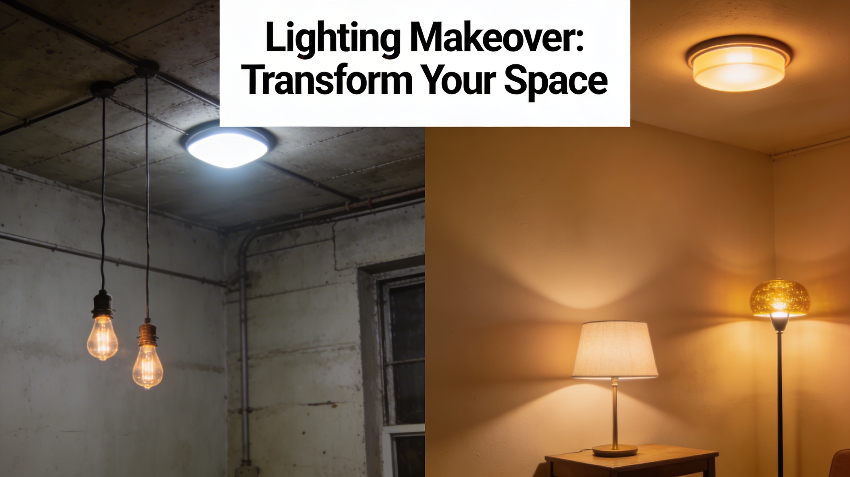 Side-by-side comparison of outdated single overhead lighting with exposed Edison bulbs versus modern warm layered lighting with floor lamp and table lamp