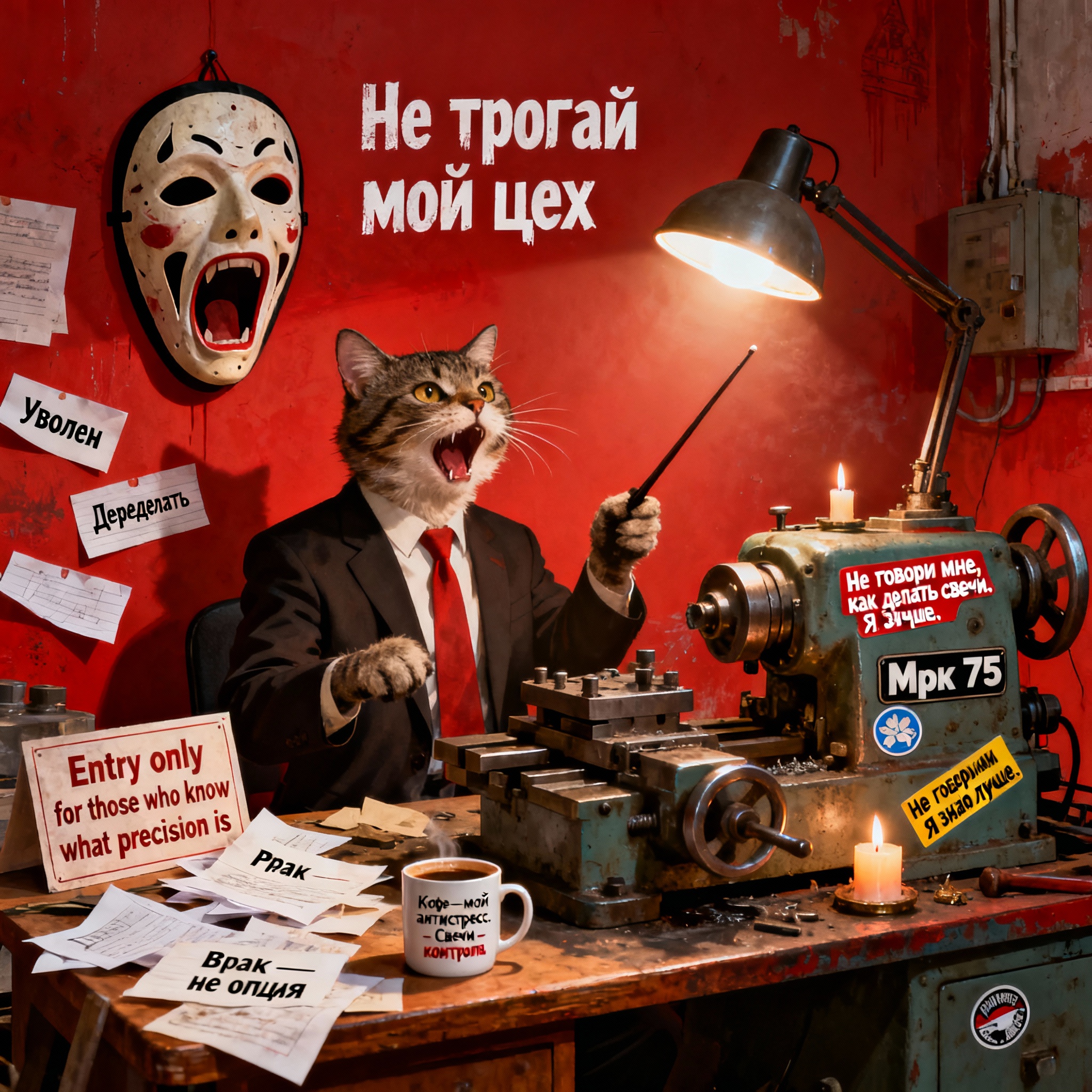 Ироничная офисная сцена с агрессивной эстетикой, Мрк 75 станок в центре, красный фон.