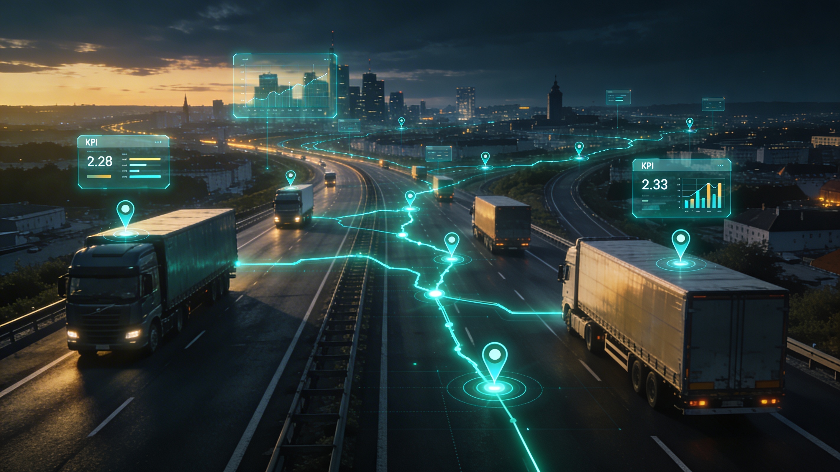 Dashboard systemu transportowego Transora z mapą GPS, zleceniami i wykresami KPI