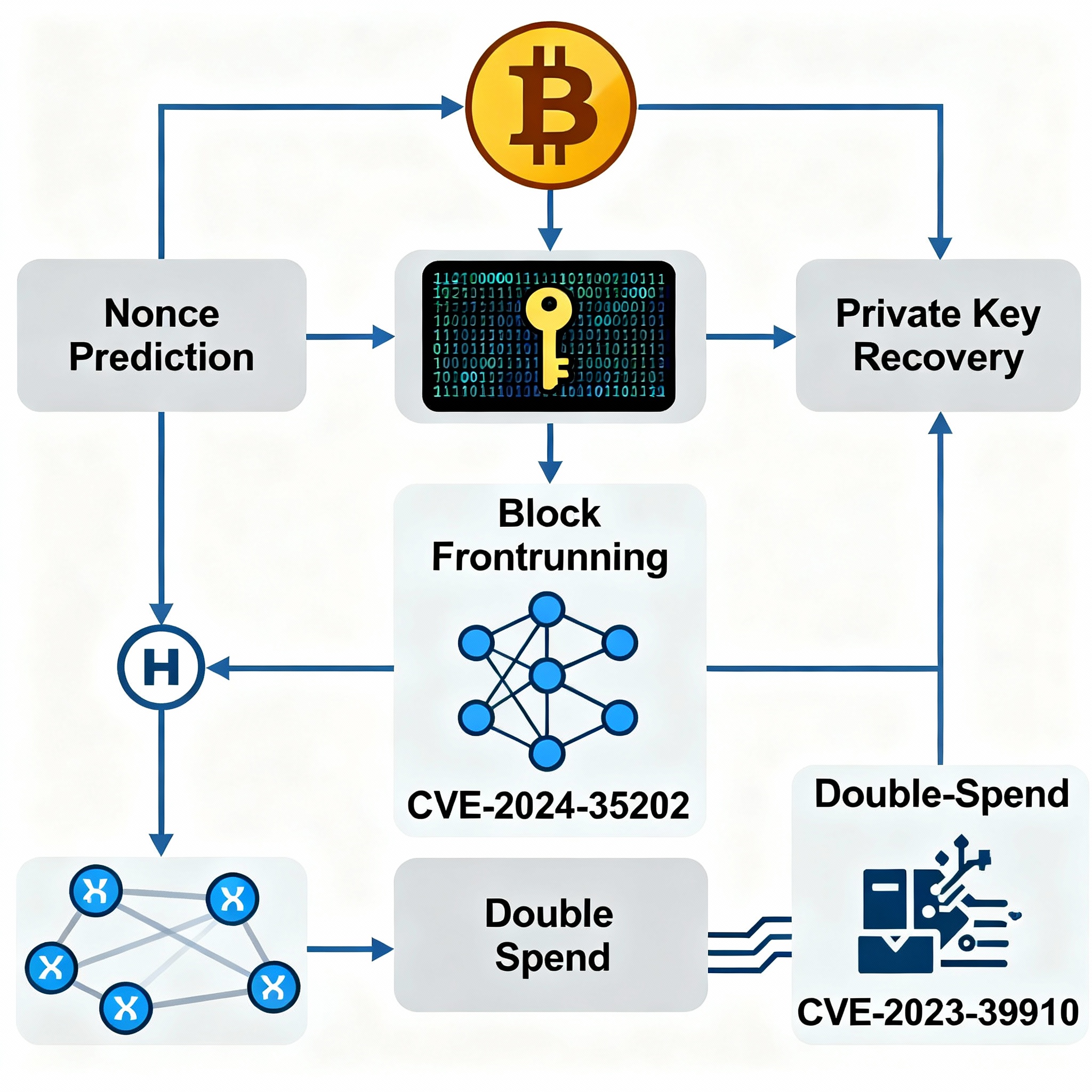 Research diagram illustrating the critical Nonce Predictability Drift Attack vulnerability in Bitcoin cryptographic architecture
