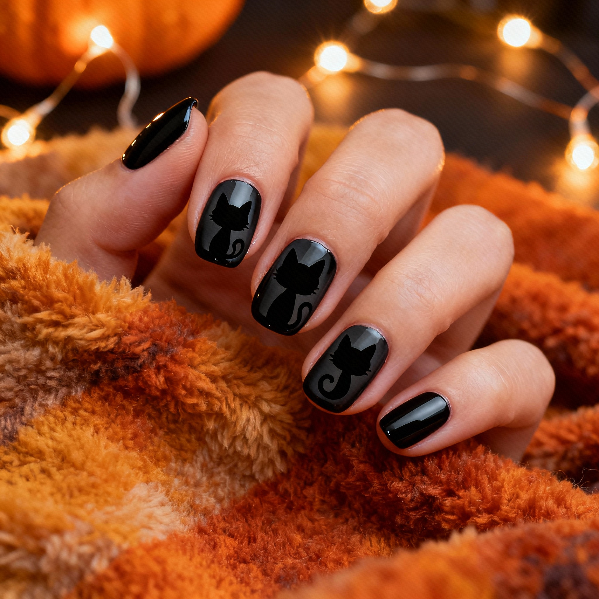 Black cat Halloween nail design with cozy autumn decor