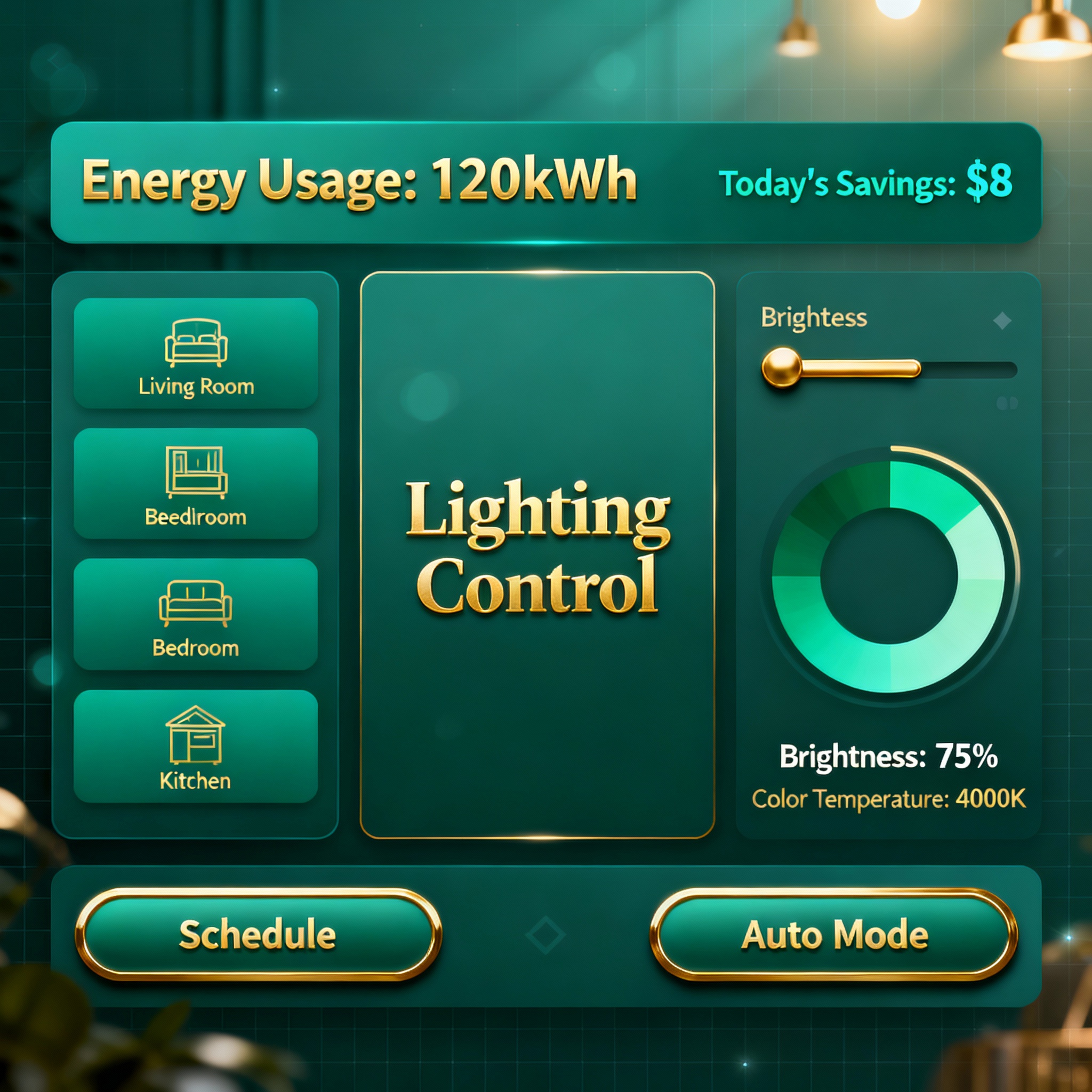 Premium lighting dashboard with golden luxury elements