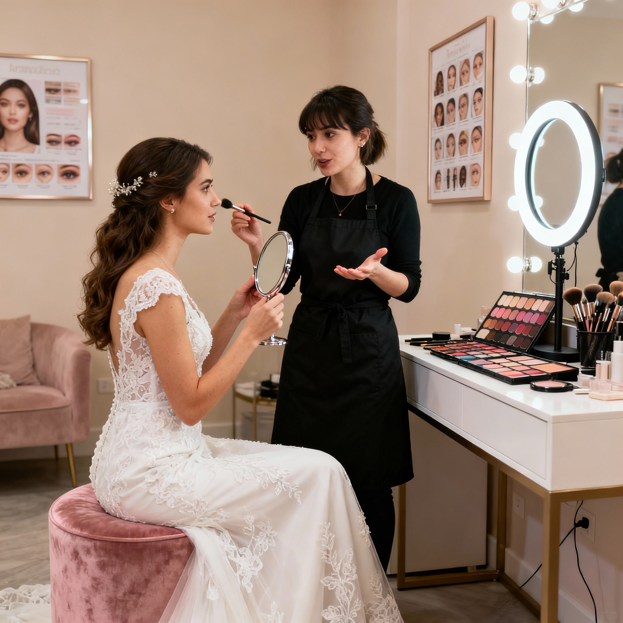 Makeup artist consulting with bride about makeup look