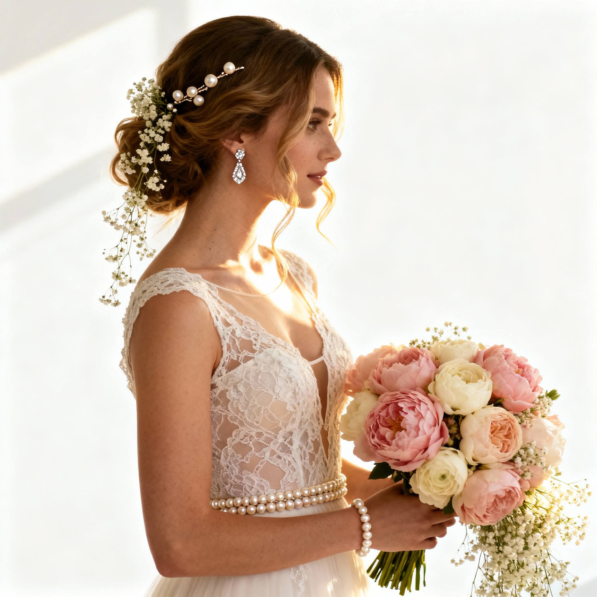 Bride wearing pearl and floral hair accessories for 2026 wedding trends