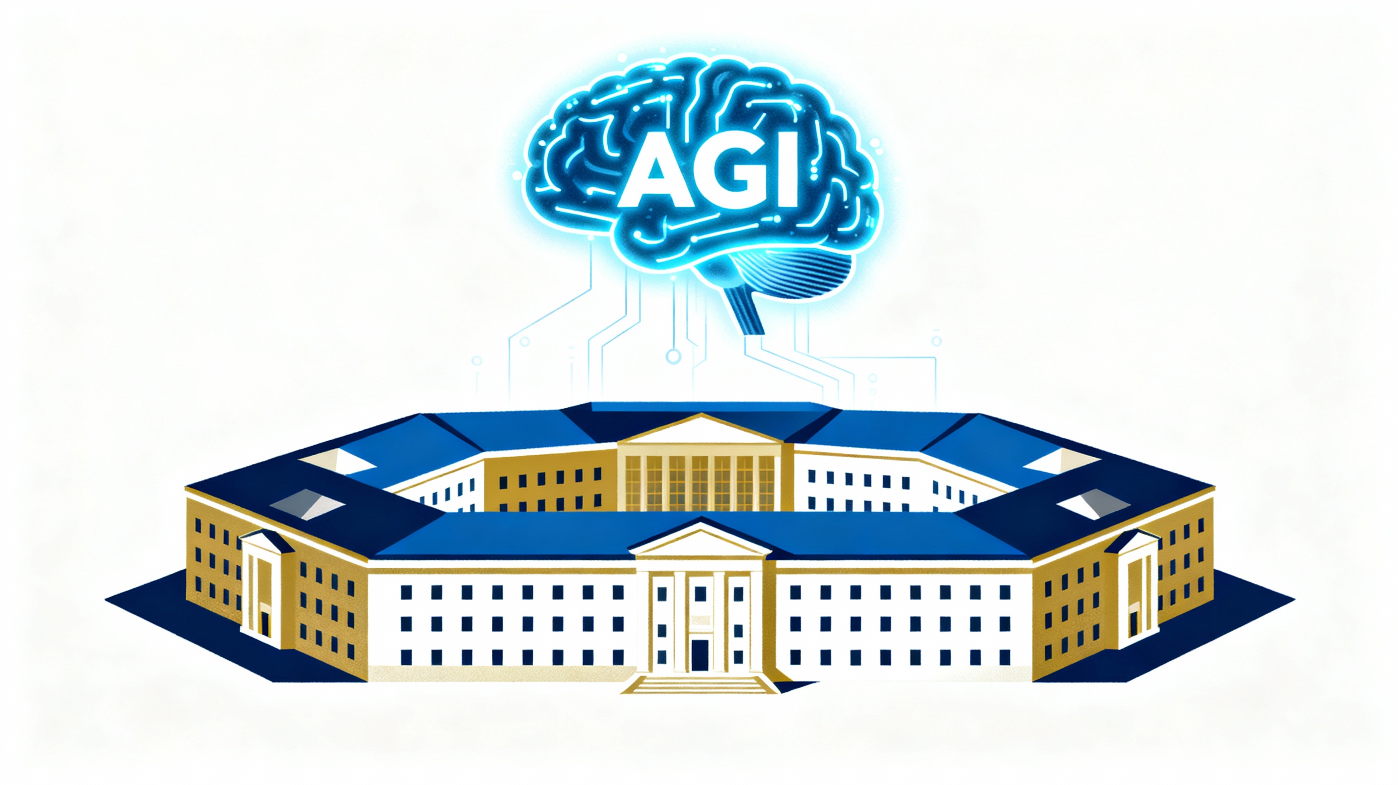 A futuristic concept art of a digital brain hologram floating above the Pentagon, representing AGI defense strategy.