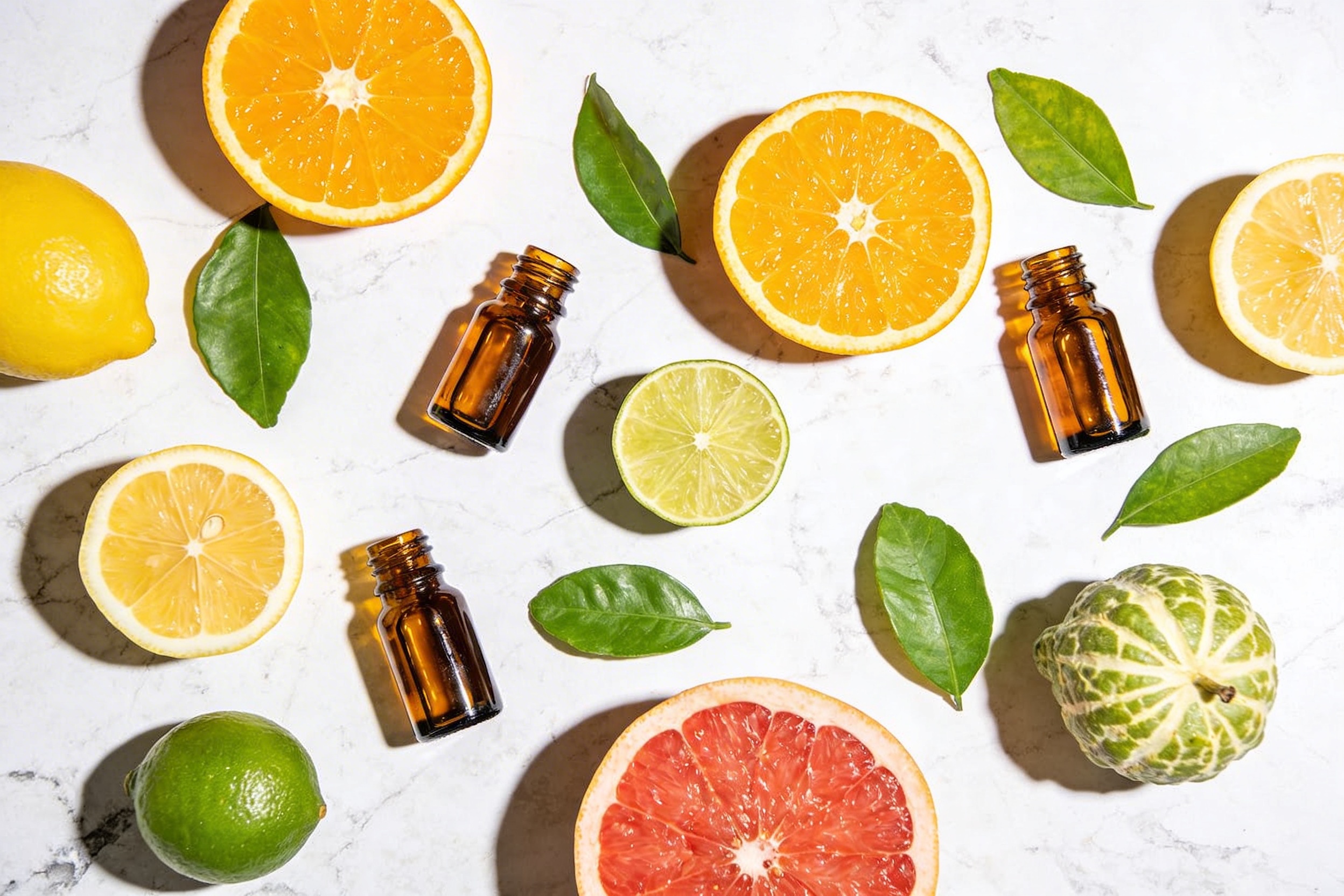 Halved citrus fruits including oranges, lemons, limes and bergamot with amber essential oil bottles