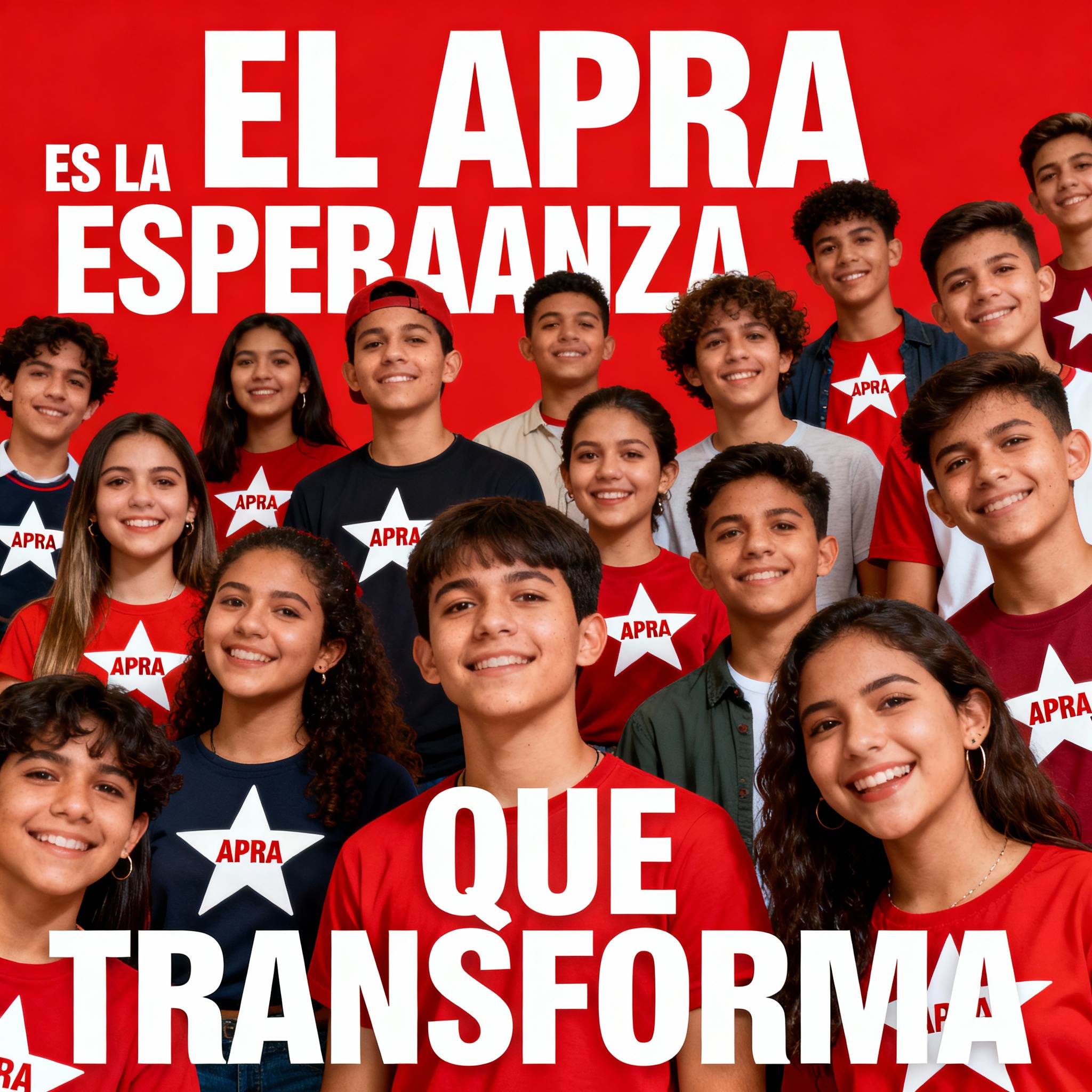 Banner with youth crowd, stars with APRA, and hopeful slogan in white on red background