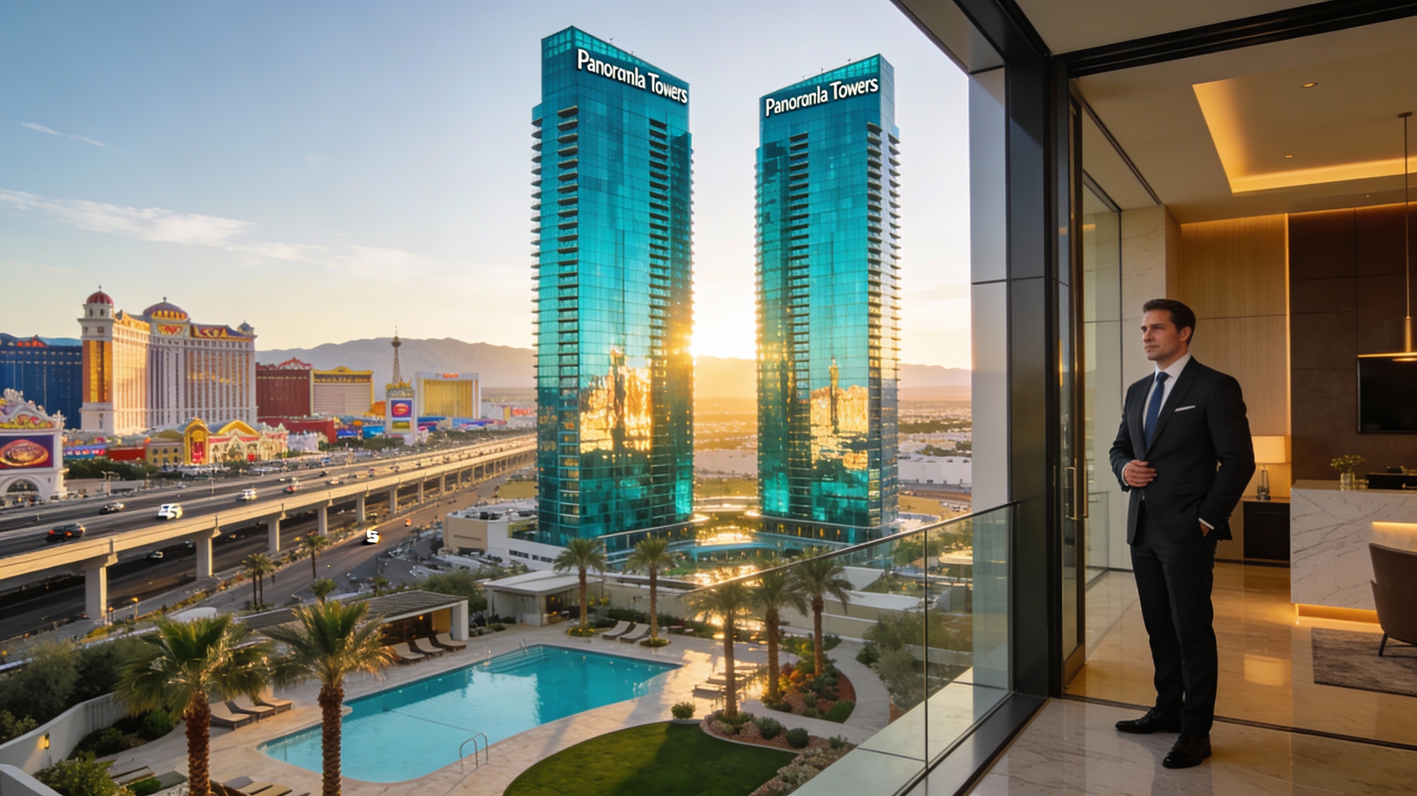 Panorama Towers Las Vegas luxury high-rise with aqua-blue glass towers and Strip views