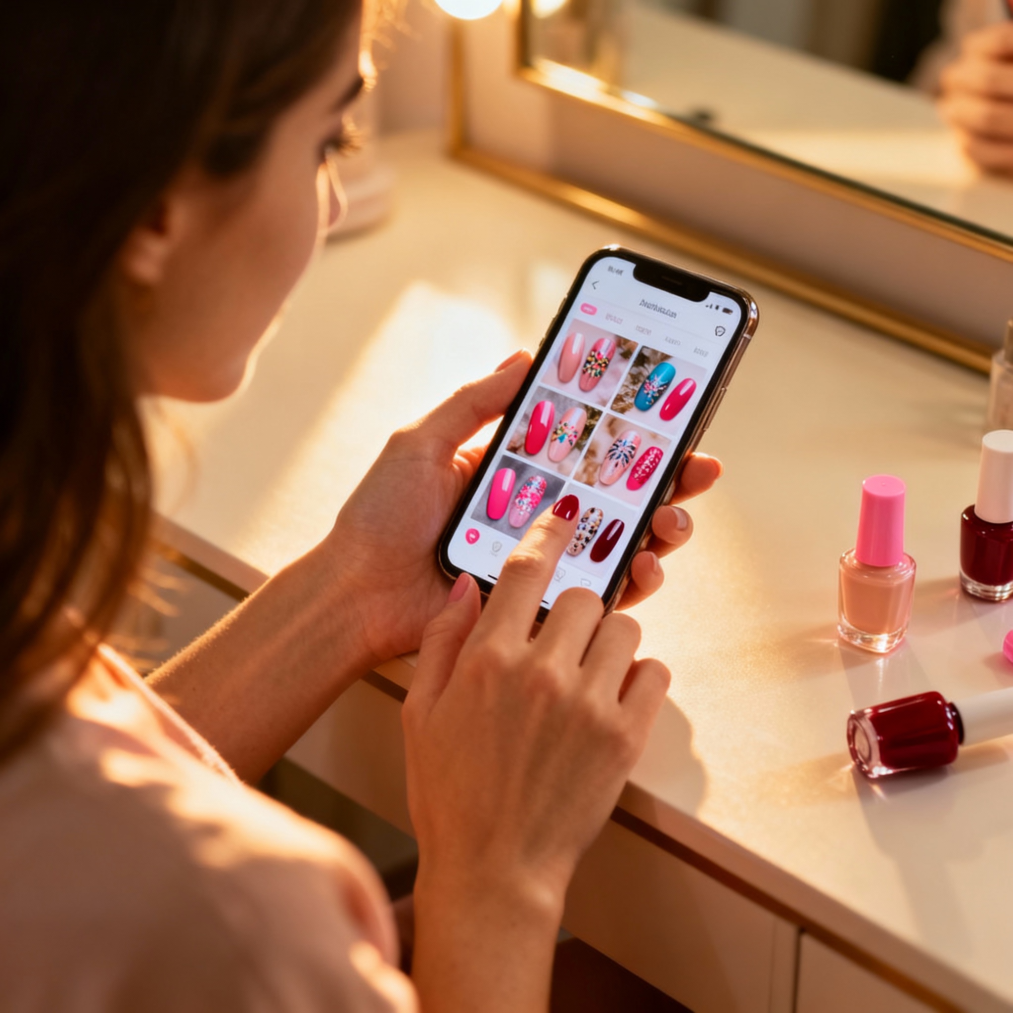 Kobieta przygotowująca się do wizyty w salonie manicure, przeglądająca inspiracje na telefonie