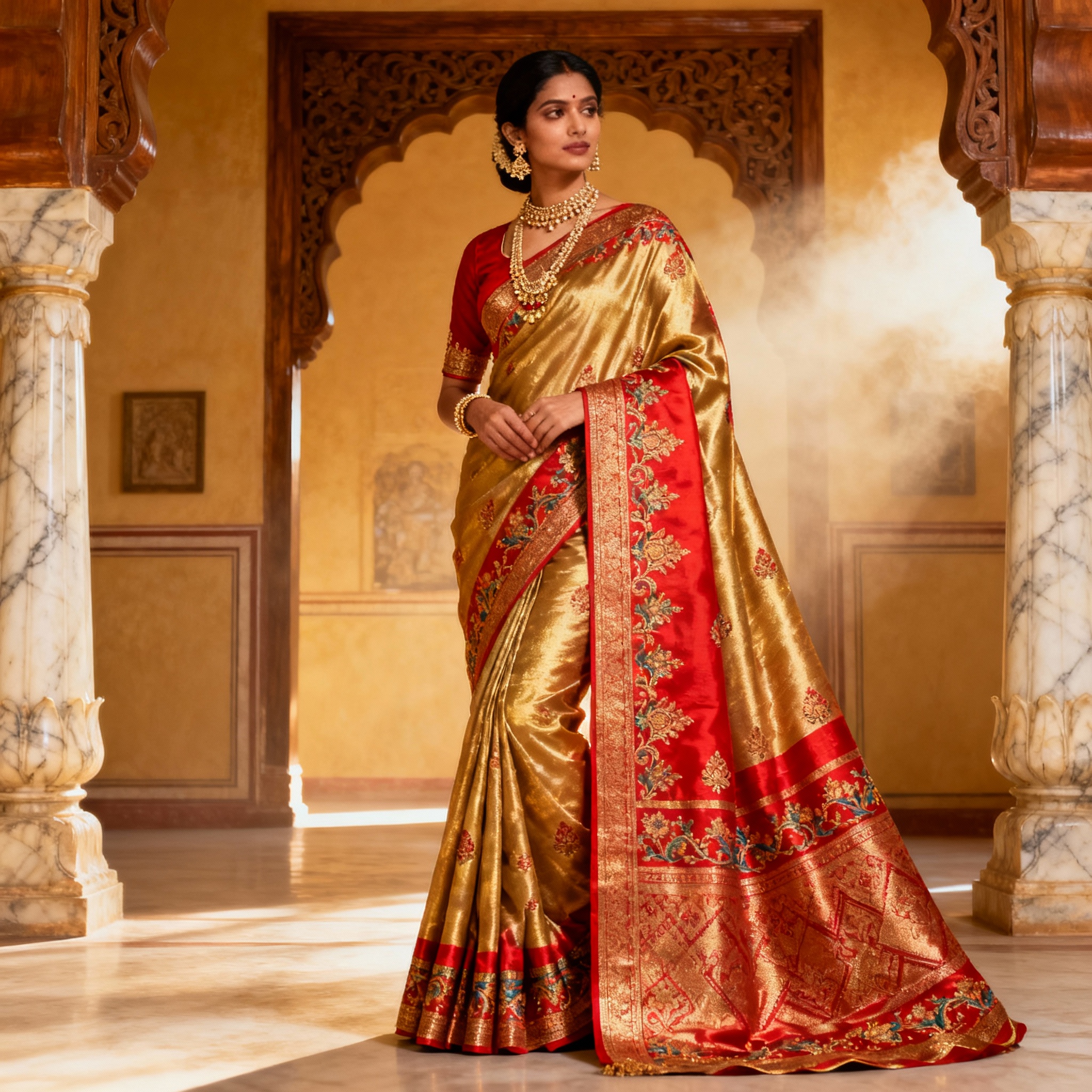 A woman elegantly dressed in a traditional Indian silk saree.