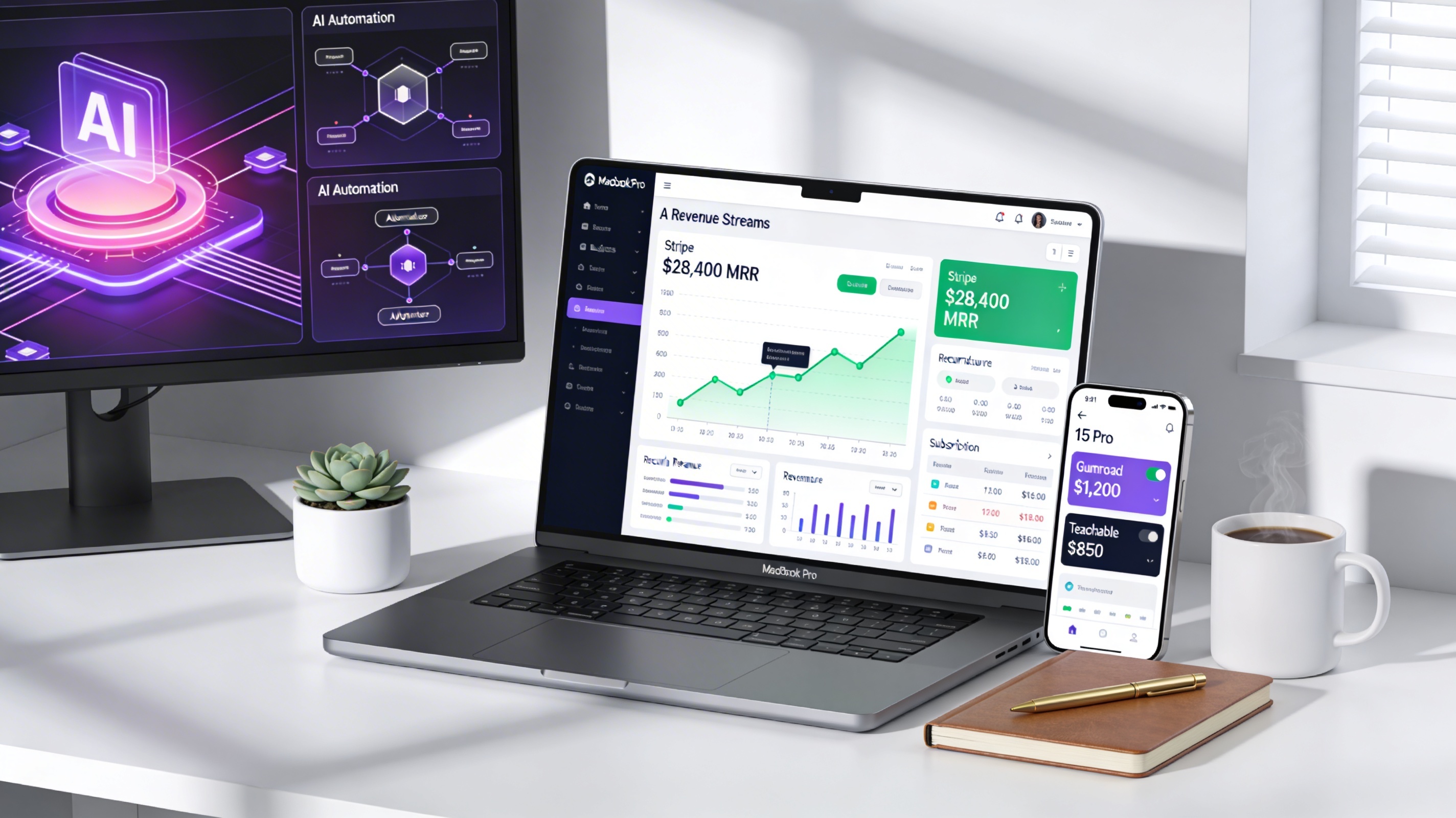Photorealistic MacBook Pro displaying business analytics dashboard showing $28,400 monthly recurring revenue, Stripe payment graphs, AI automation workflows running, iPhone with payment notifications, clean modern workspace