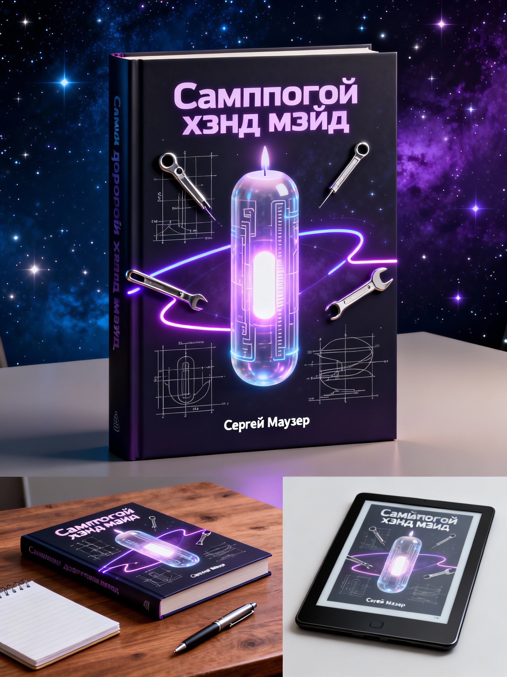 Обложка НФ-книги «Самый дорогой хэнд мэйд» с техно-артефактом и синхронизацией календаря мокапов.