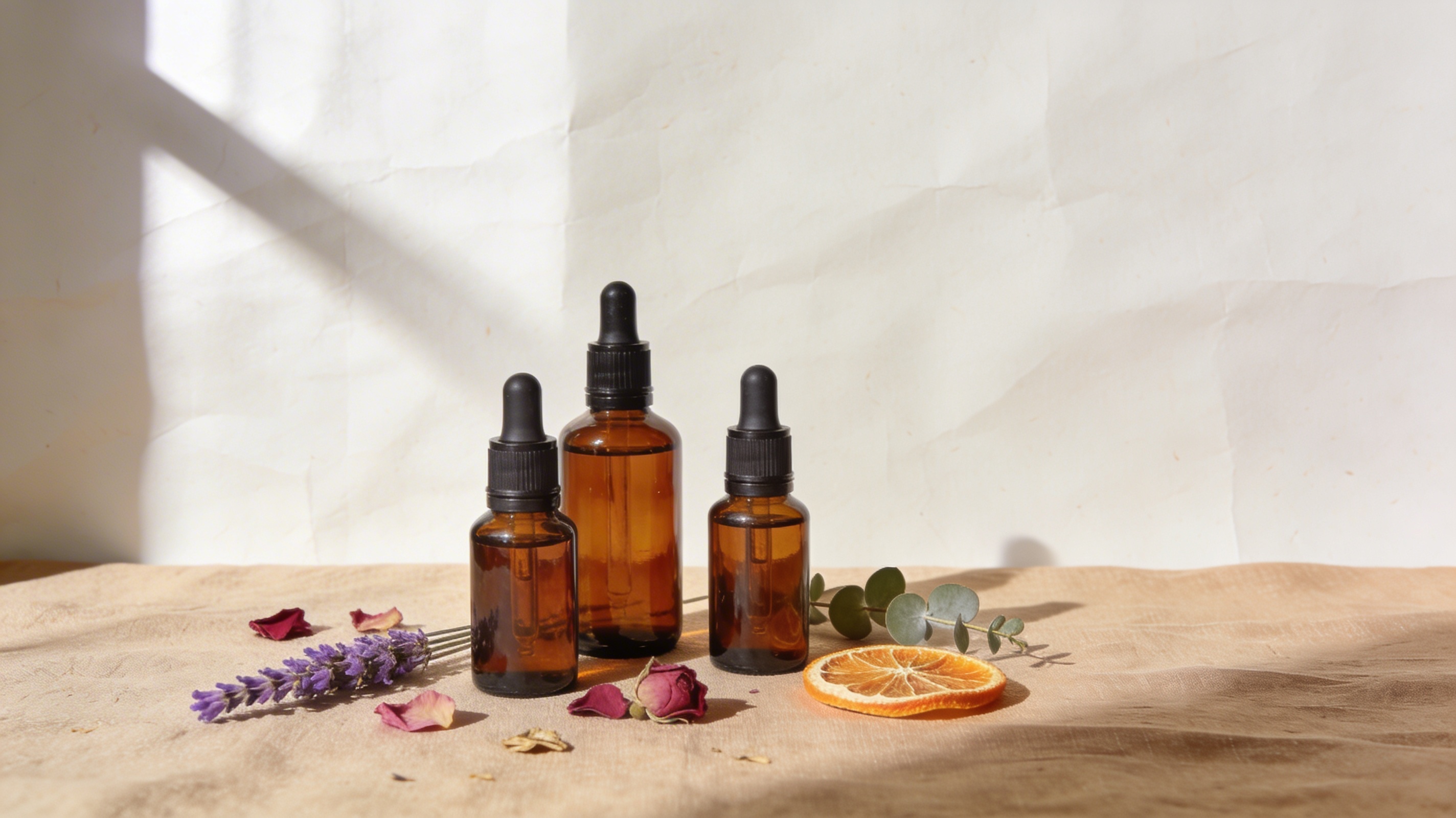 Amber essential oil dropper bottles with dried lavender, rose petals, and eucalyptus on warm linen