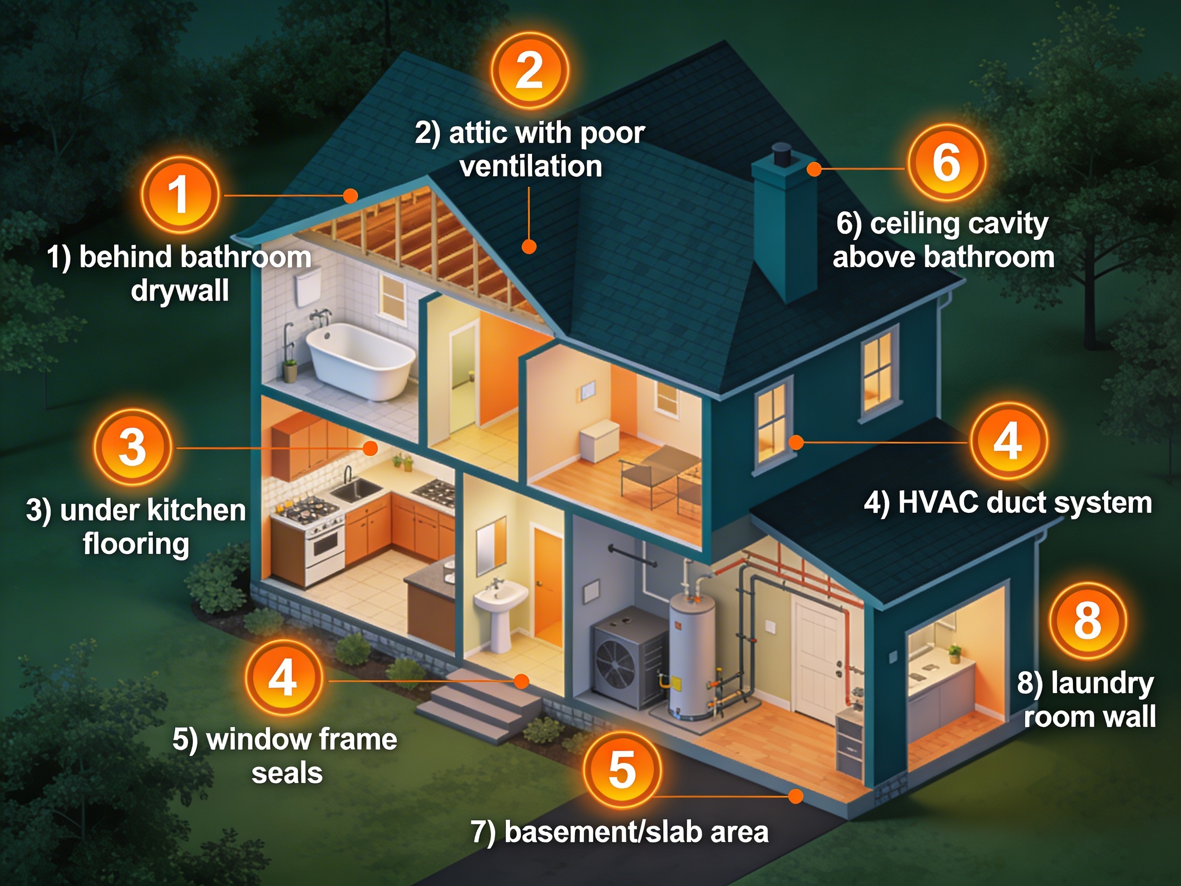 Infographic showing hidden mold detection locations in a typical Houston TX home including HVAC ducts walls and attics