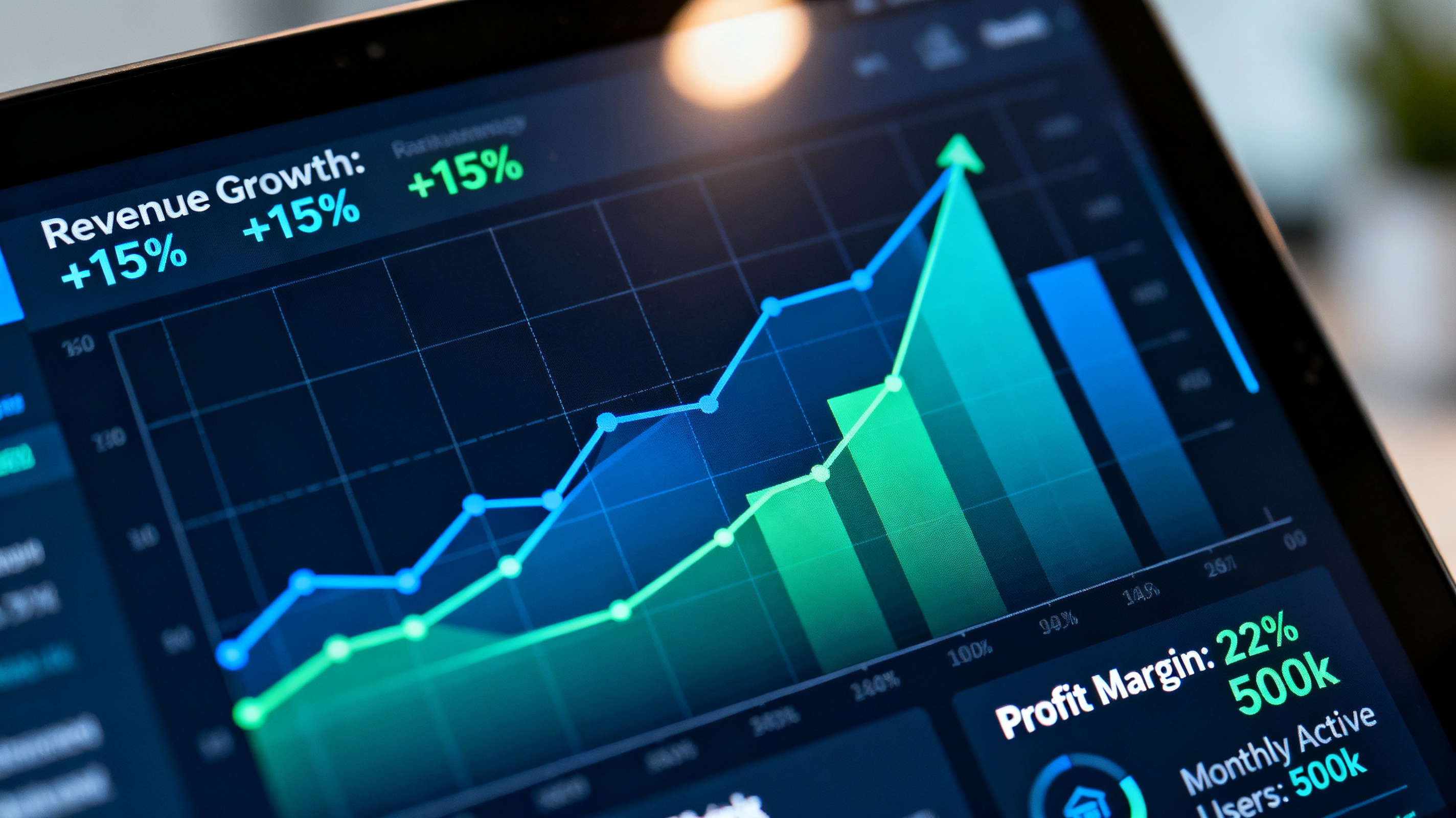 Digital financial analytics and growth charts on computer display
