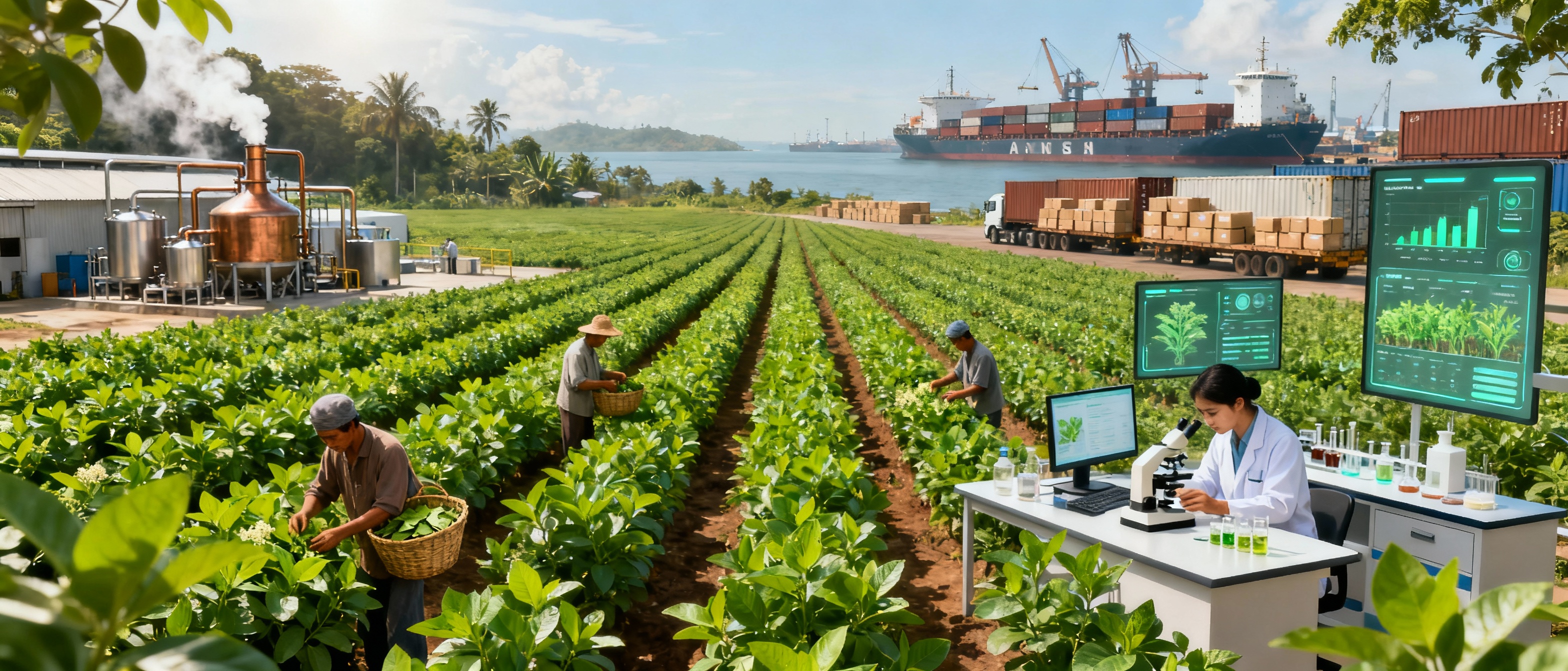 Dari ladang nilam ke dunia: ilustrasi industri, petani panen, penyulingan, ekspor, dan digitalisasi aplikasi semakmur