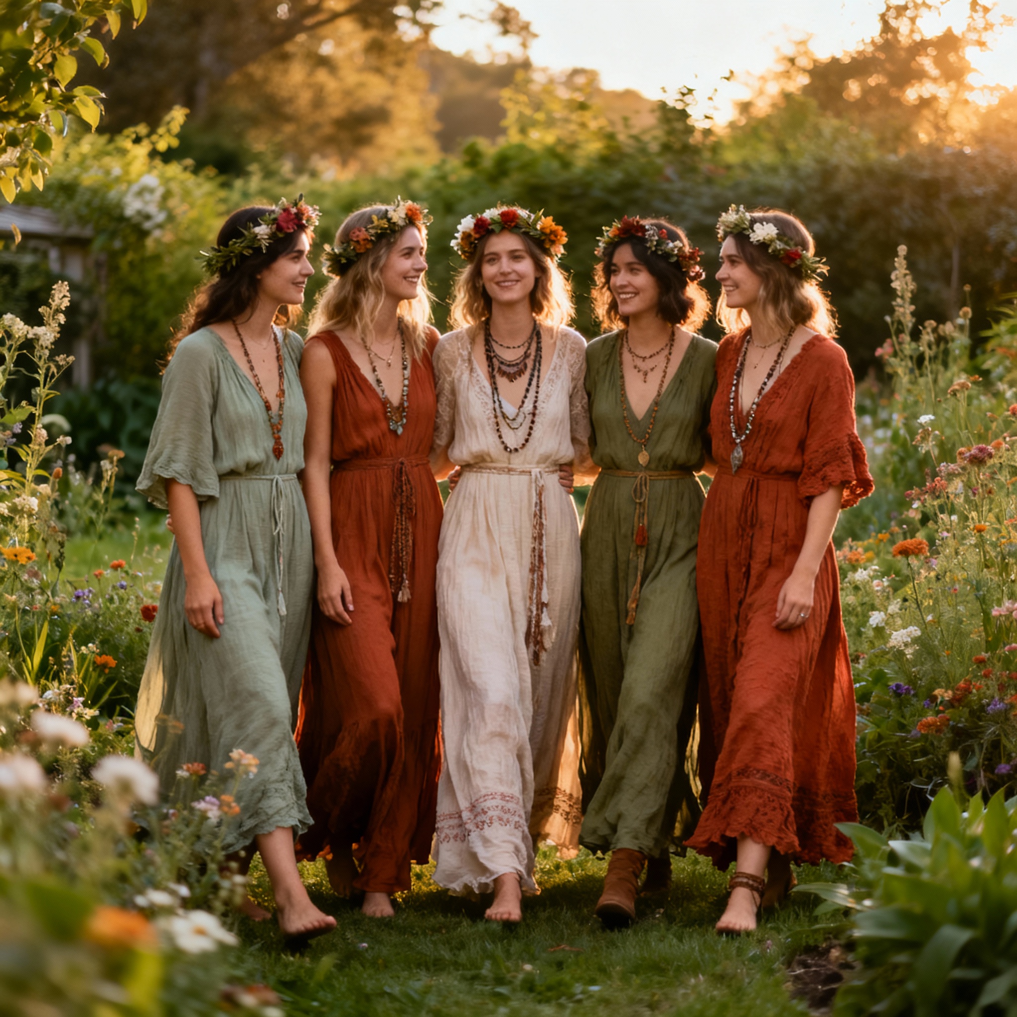 Earth-tone mix-and-match bridesmaid dresses for bohemian garden weddings