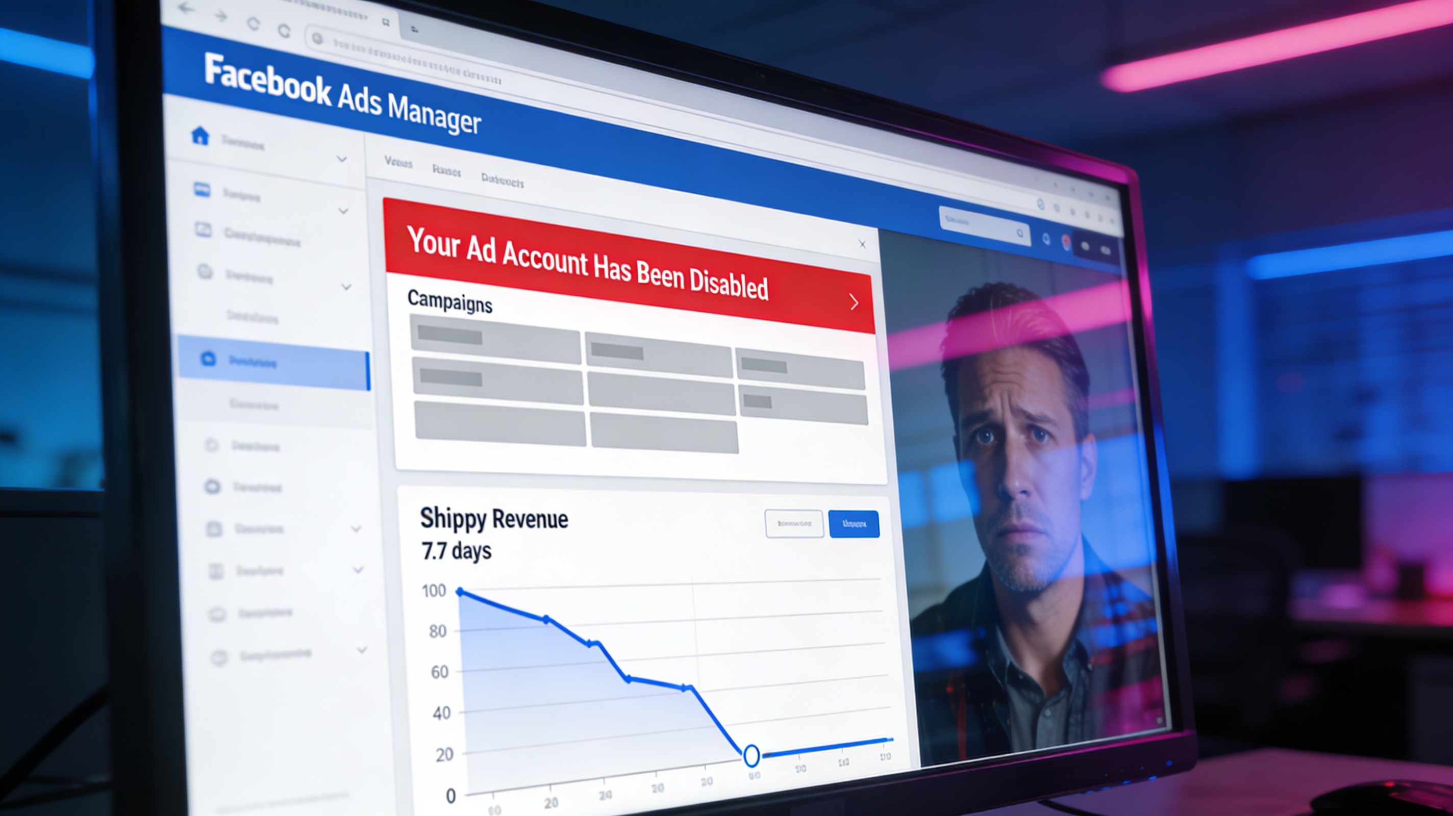 Ultra detailed close-up of a computer monitor showing Facebook Ads Manager dashboard with a bright red warning banner that says Your Ad Account Has Been Disabled and greyed-out campaigns. Below it, a Shopify or Stripe revenue chart dropping sharply to nearly zero over the last 7 days. Reflections of a worried American business owner in the screen. Dark office, magenta accent lighting, 4K photorealistic, 16:9.