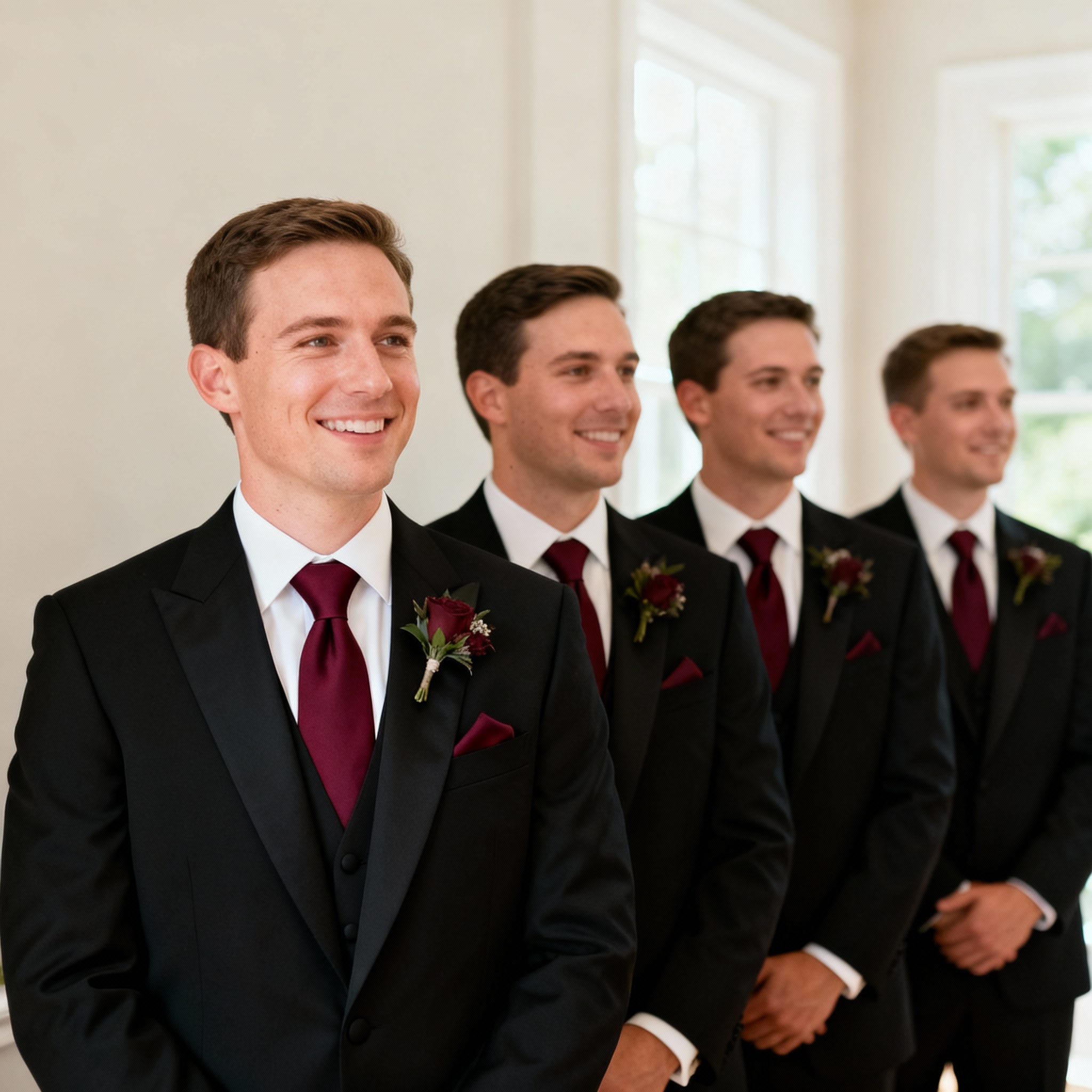 Coordinated groomsmen styling with matching tuxedos and complementary accessories for a polished wedding party