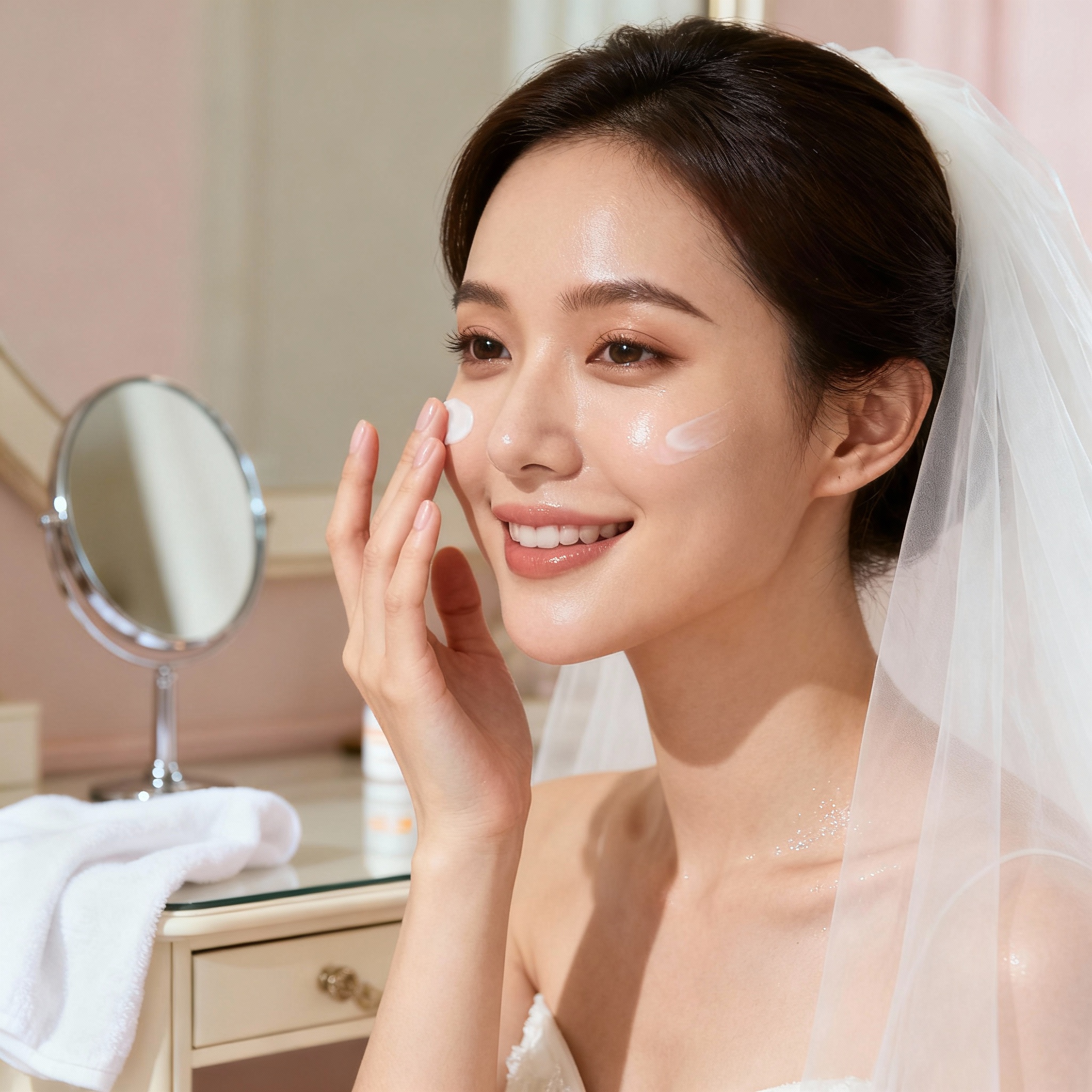 Daily SPF application protecting bridal skin from UV damage and premature aging