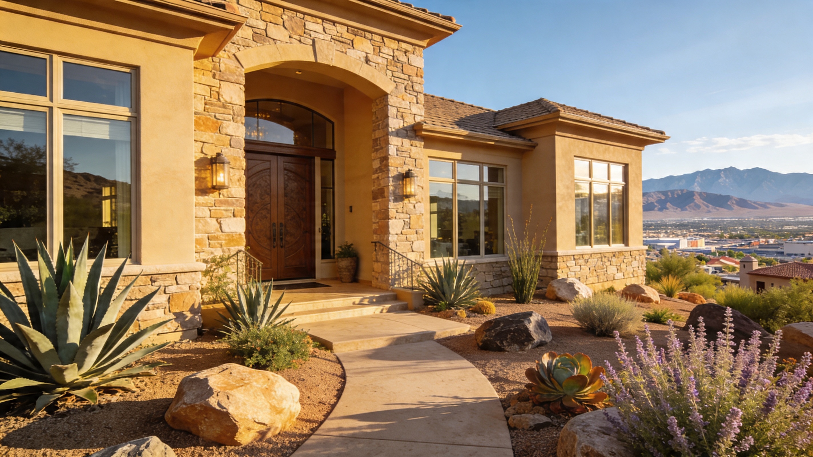 A luxury modern-Mediterranean custom estate home in Henderson Nevada's MacDonald Highlands neighborhood featuring a stone facade, large windows, agave and desert sage landscaping, and panoramic Las Vegas valley and mountain views in the background