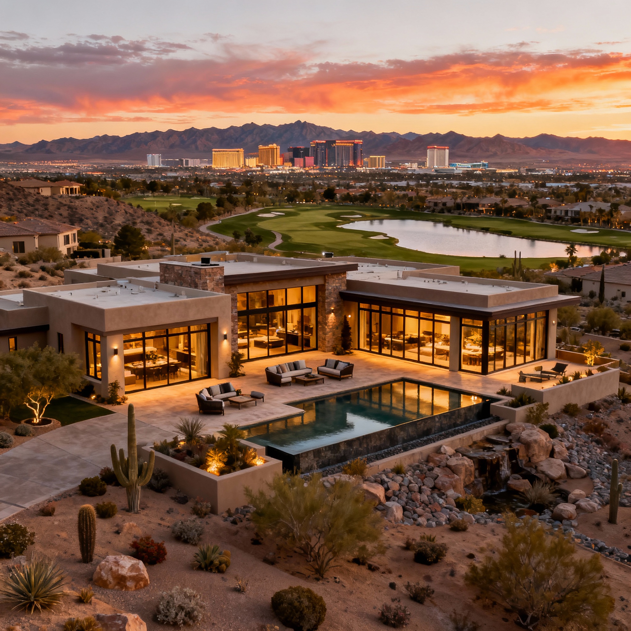 Henderson Nevada luxury homes with panoramic Las Vegas Strip mountain and golf course views showcasing MacDonald Highlands Seven Hills and Lake Las Vegas estates