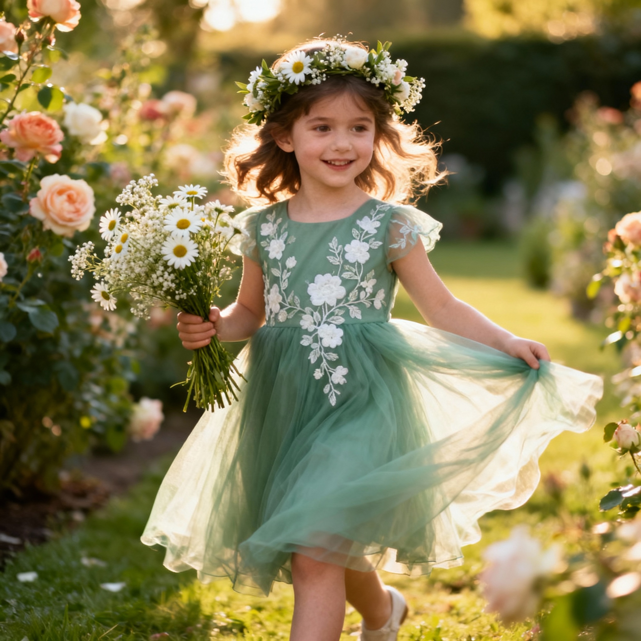 Beautiful young flower girl in sage green tulle dress with white floral embroidery