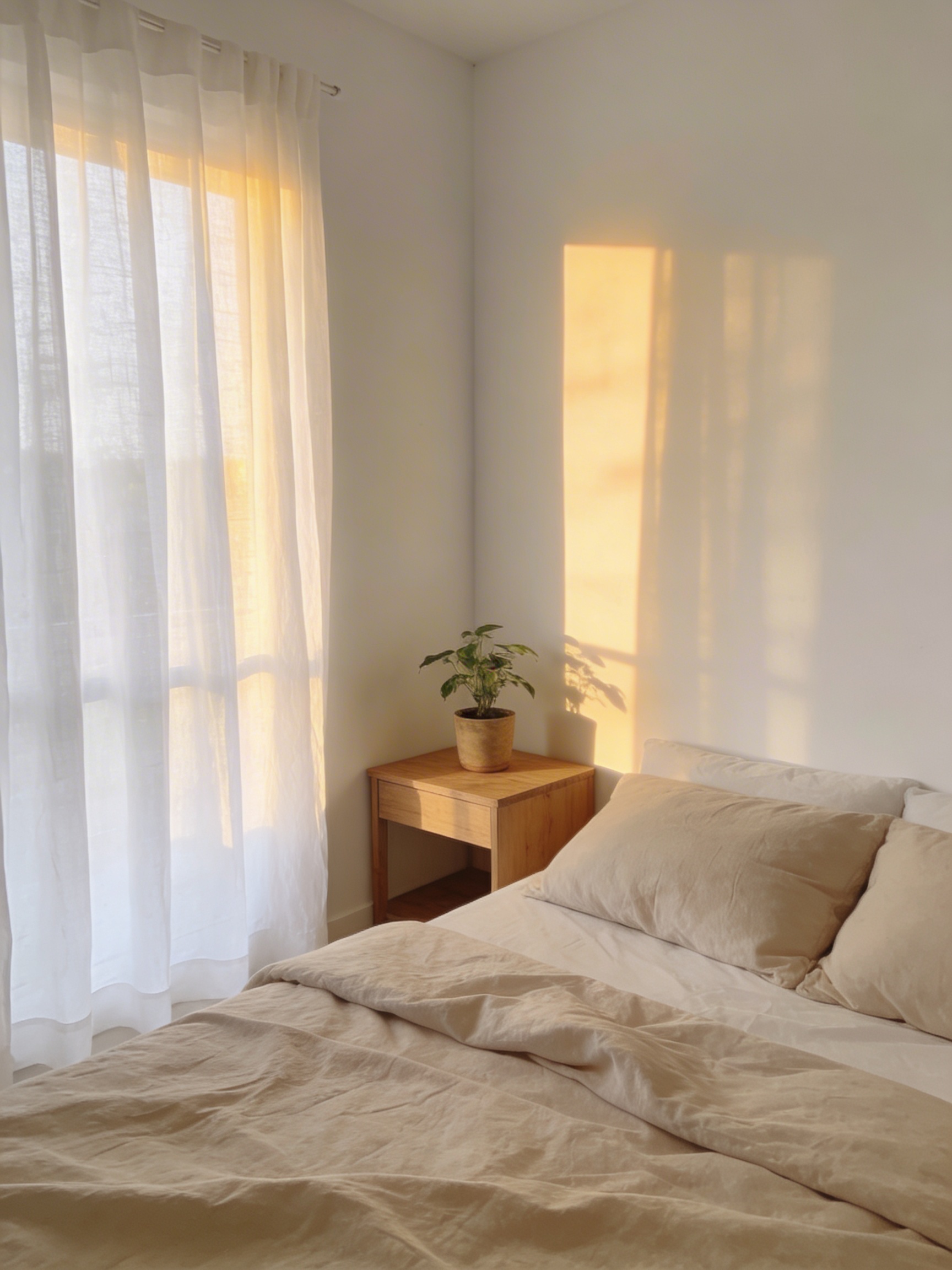 Small bedroom with white walls, beige bedding and sheer curtains in a Scandinavian style