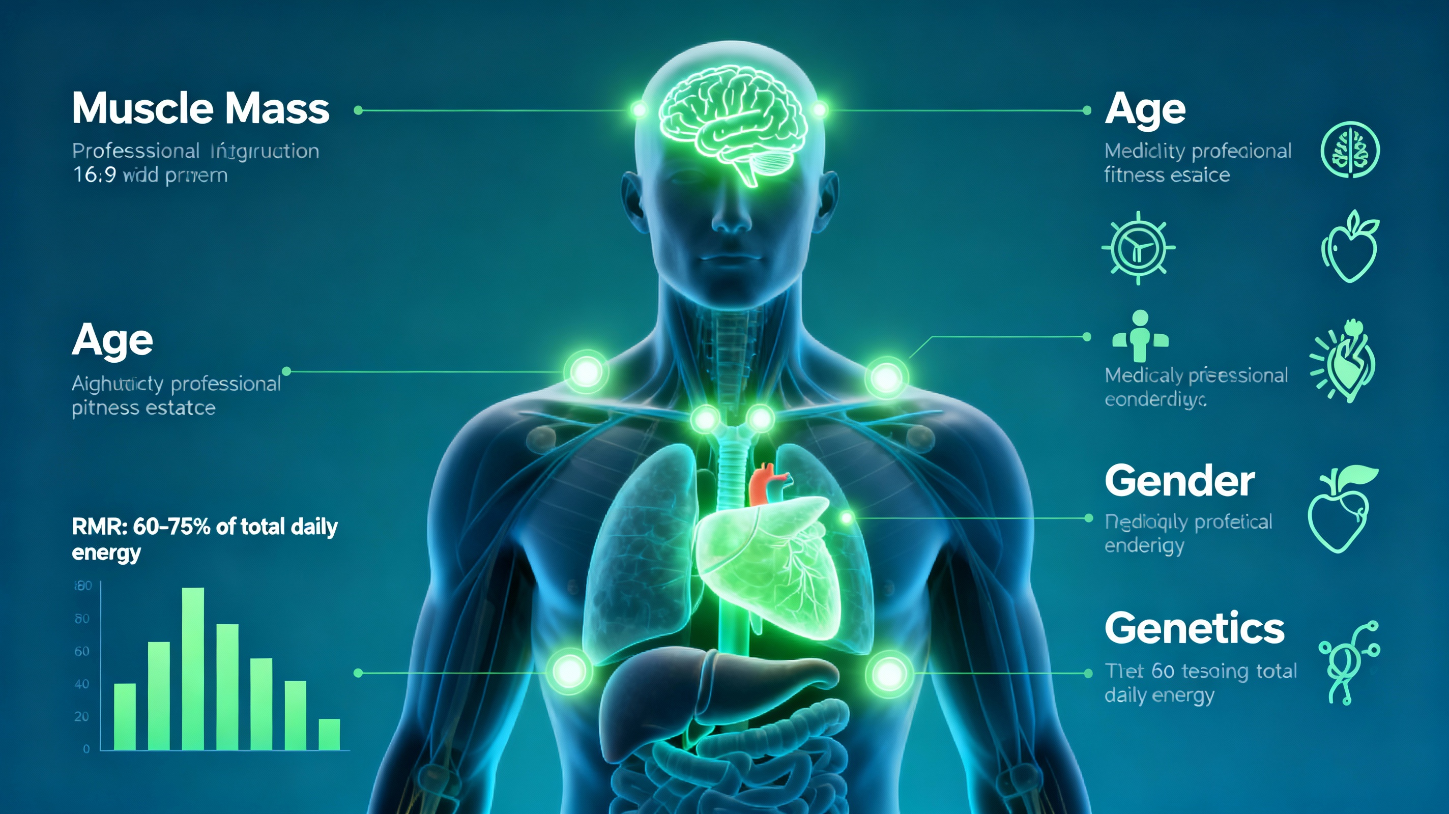The image features a central human silhouette with internal glowing energy centers representing vital organs (brain, heart, liver, kidneys, muscles). Surrounding the silhouette are clean, modern icons and labels indicating key RMR factors: 'Lean Muscle Mass' (weights icon), 'Age' (clock icon), 'Gender' (symbols), and 'Genetics' (DNA strand). A visual gauge or meter labeled 'Daily Energy Expenditure' shows RMR as the largest foundational segment (60-75%). The style is professional, clean, medical-tech aesthetic with soft blue and green gradients, suitable for a fitness blog.