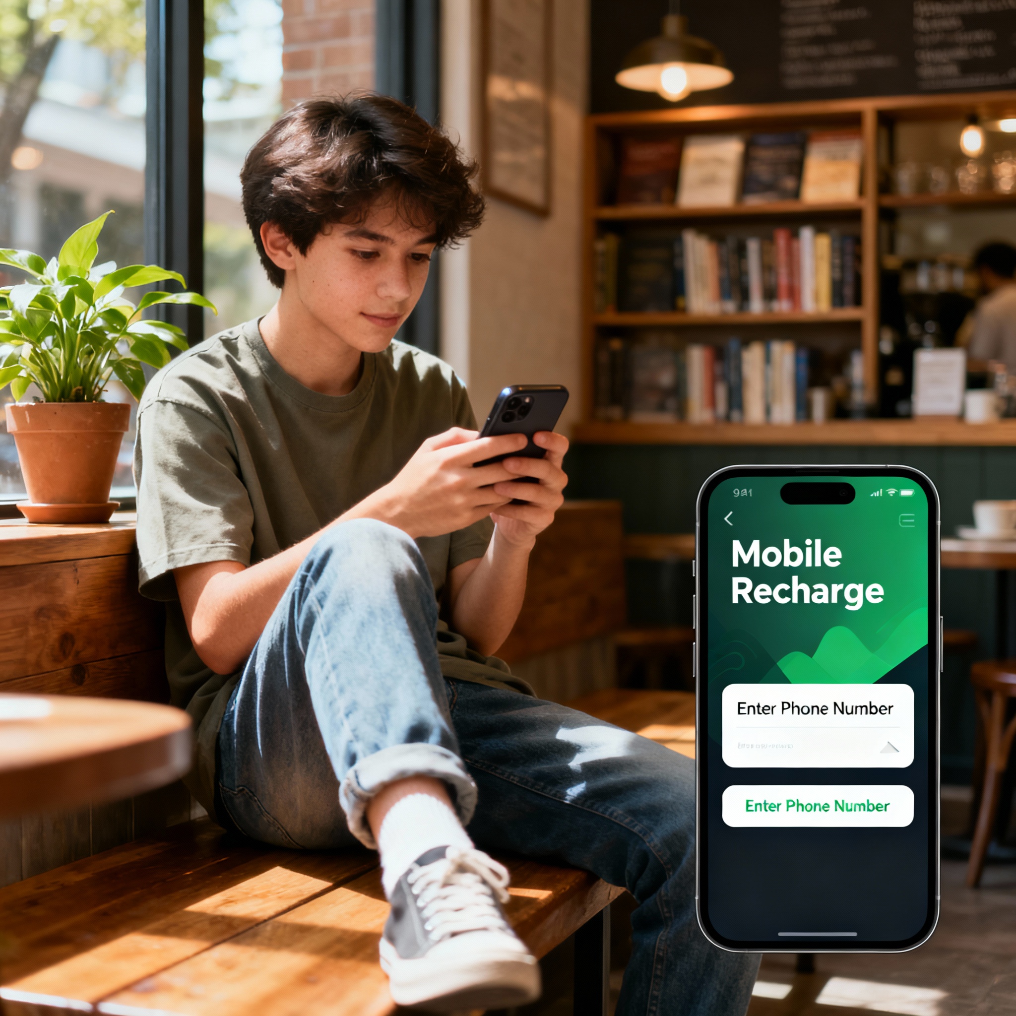 A young person smiling while using a smartphone, representing mobile technology.