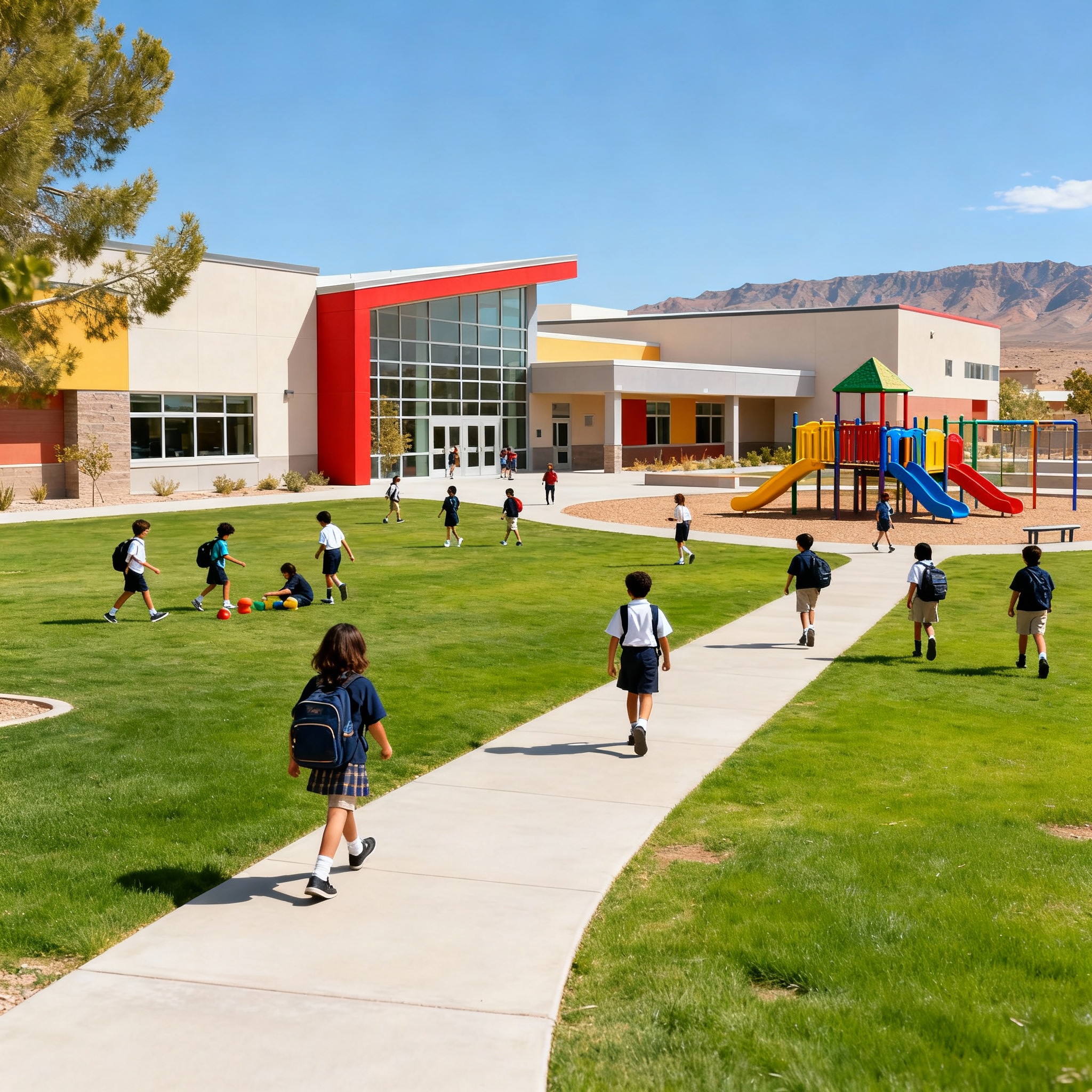 Enterprise Nevada schools featuring modern elementary campus with students and families for quality K-12 education