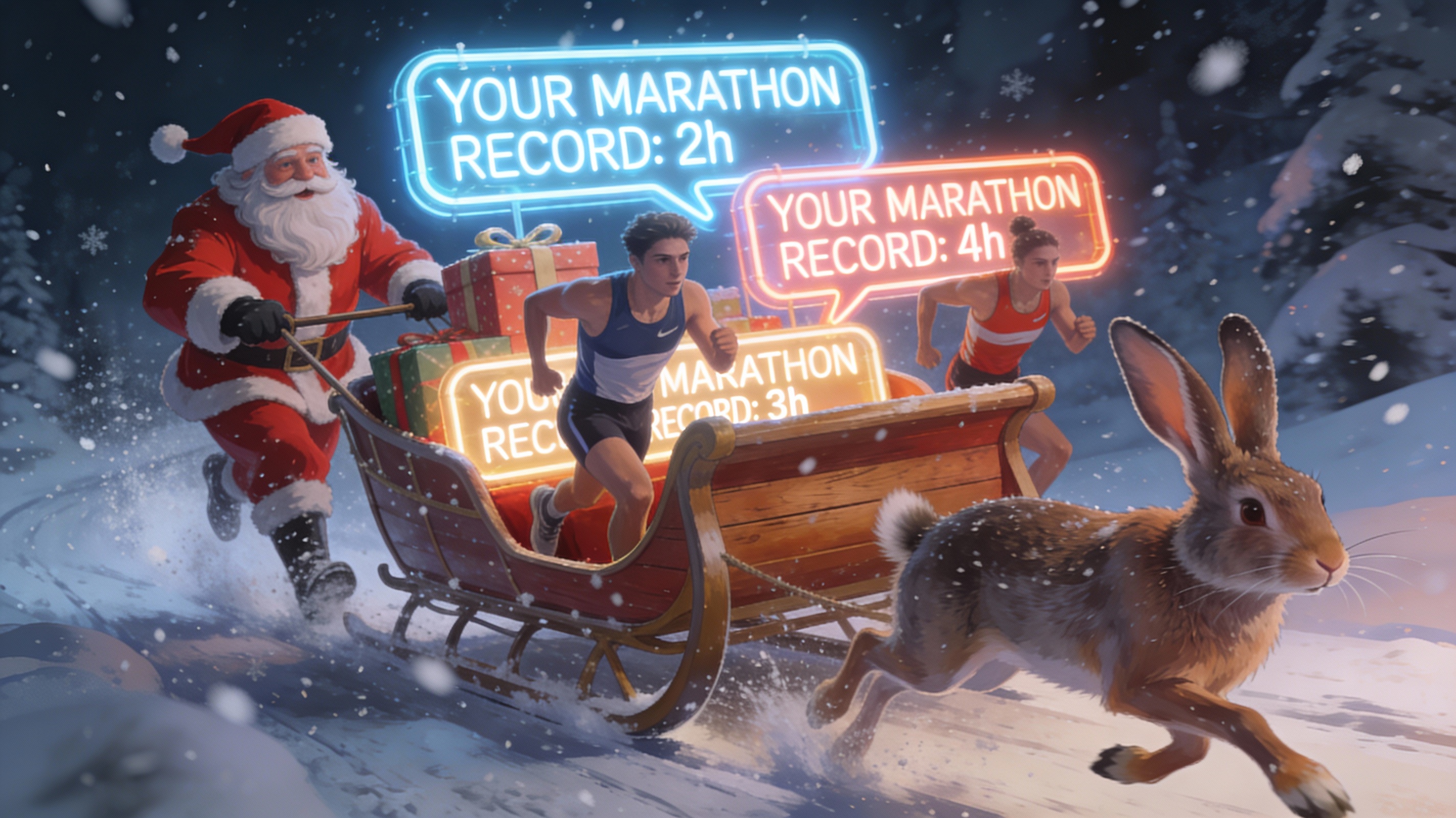 Père Noël tirant un traîneau de lapins avec le chrono marathon.