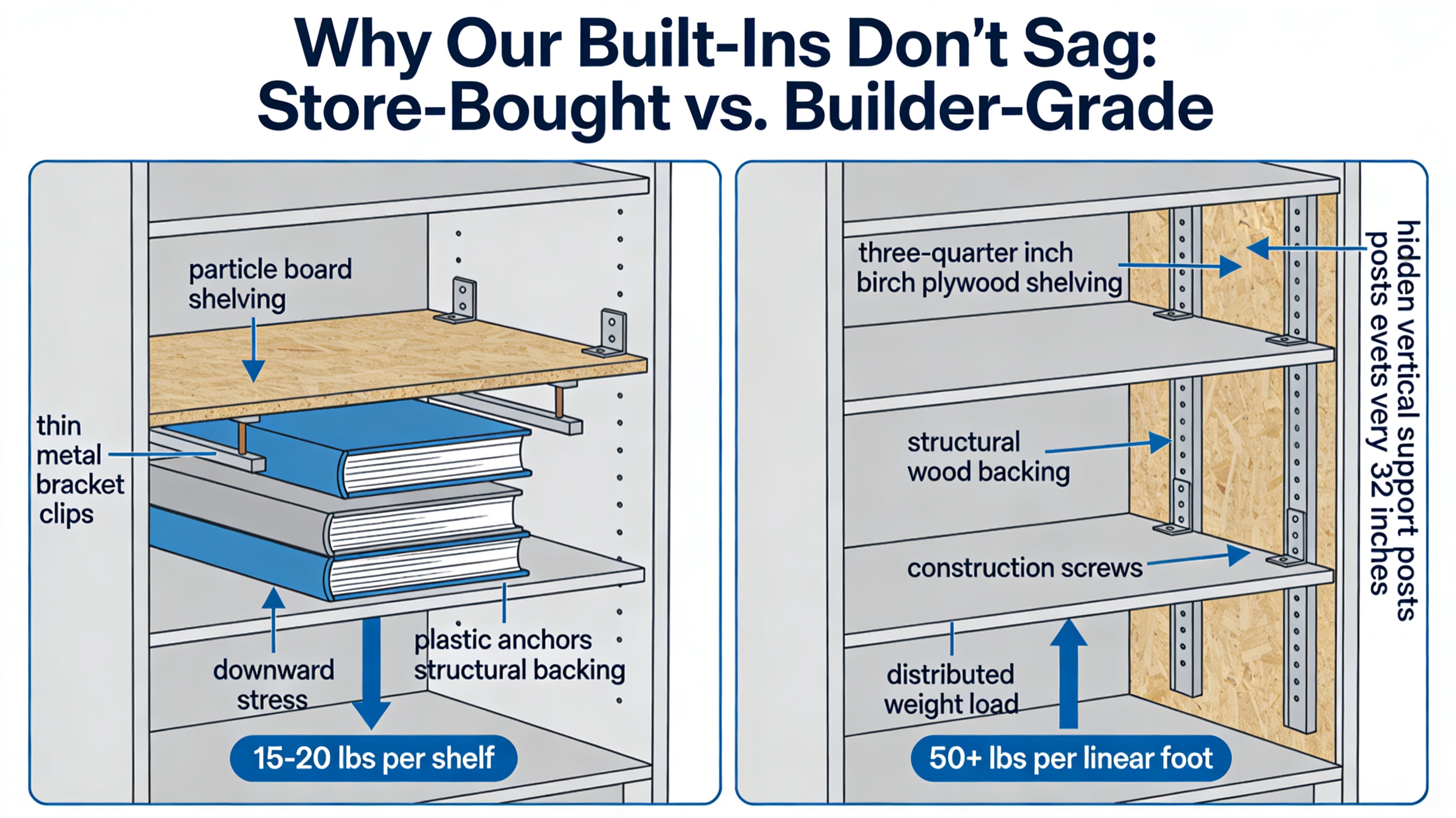 Technical comparison diagram showing store-bought shelving vs custom built-in construction with structural anchoring in charlotte nc