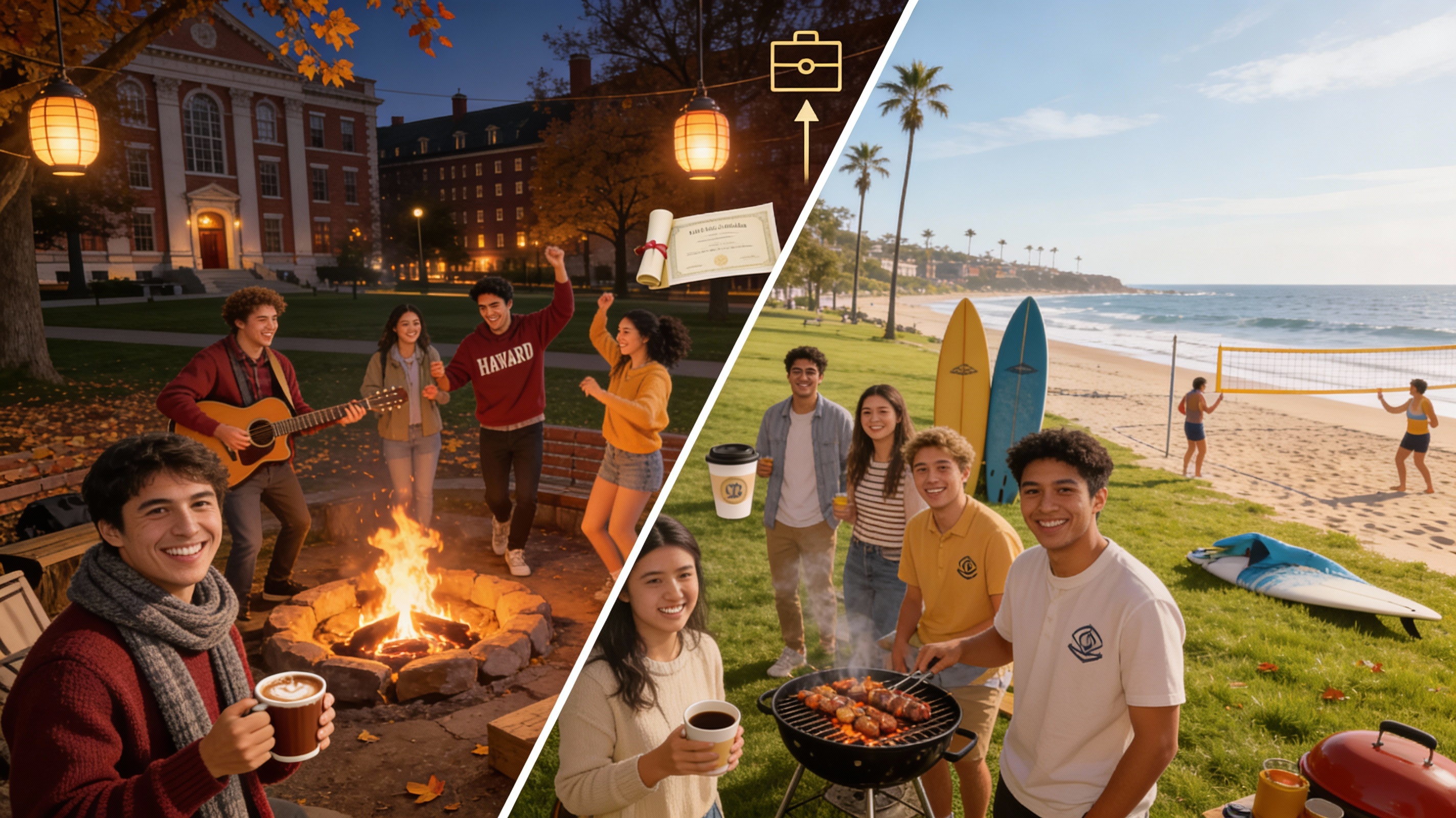 Реалистичная иллюстрация студенческой жизни в Бостоне и Калифорнии: вечеринки и пикники с улыбающимися студентами.