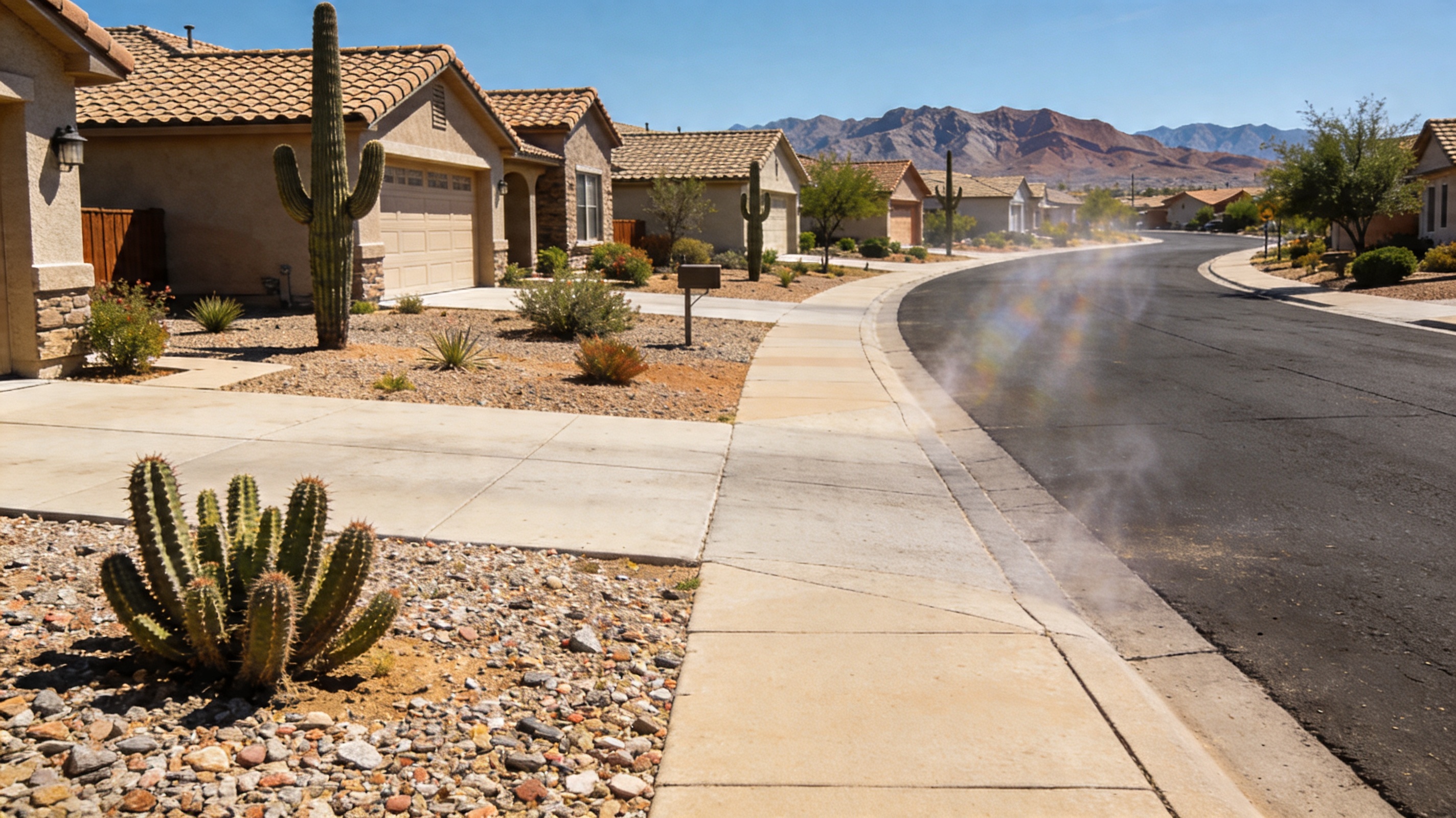 A Henderson, Nevada residential street on a hot summer afternoon with heat shimmer on the pavement, xeriscaped front yards featuring gravel and desert plants replacing grass, and no pedestrians outside — illustrating the reality of life during peak summer heat
