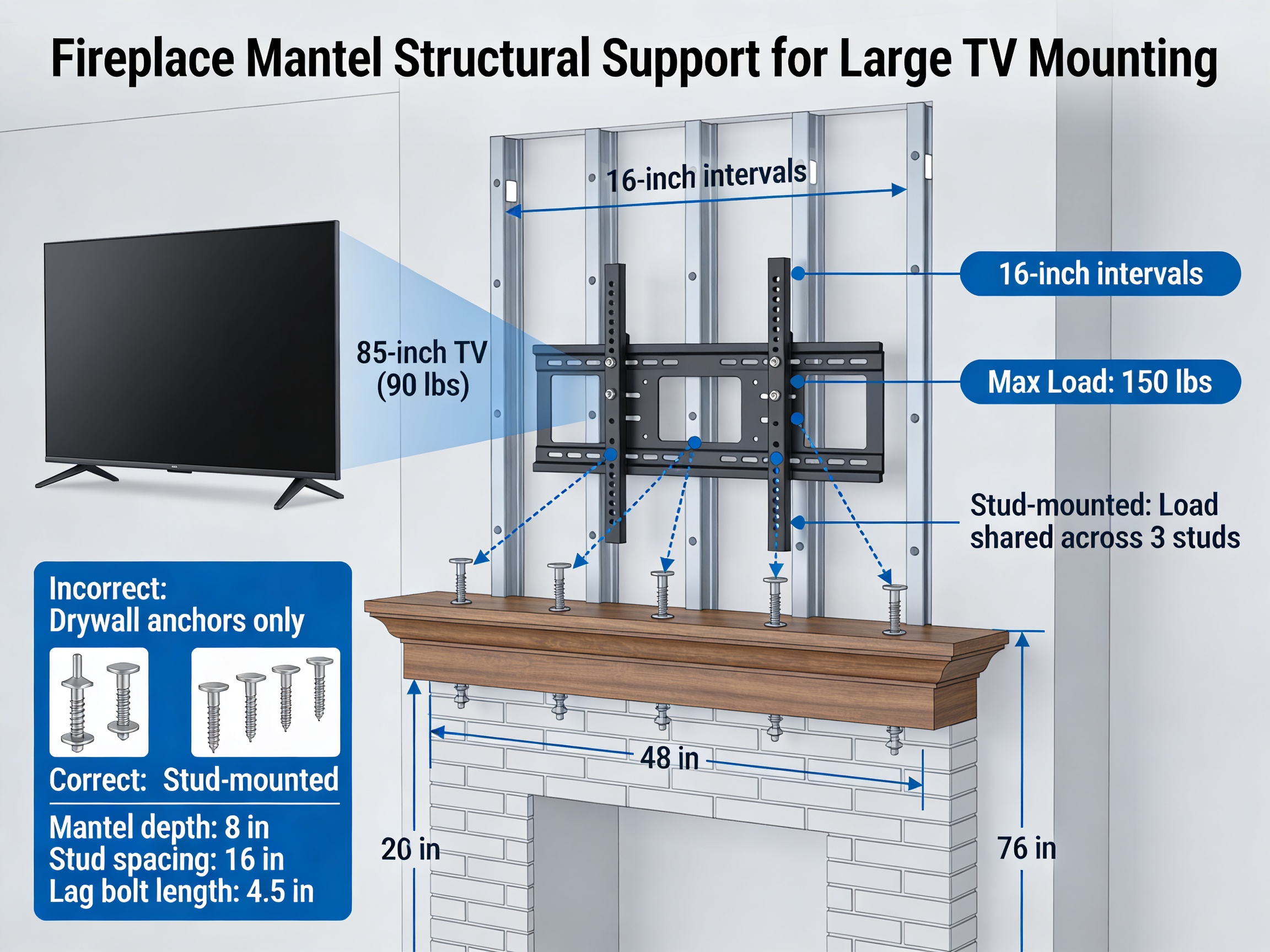 Structural engineering diagram showing fireplace mantel tv mount load distribution and proper anchoring for 85 inch tv in charlotte nc