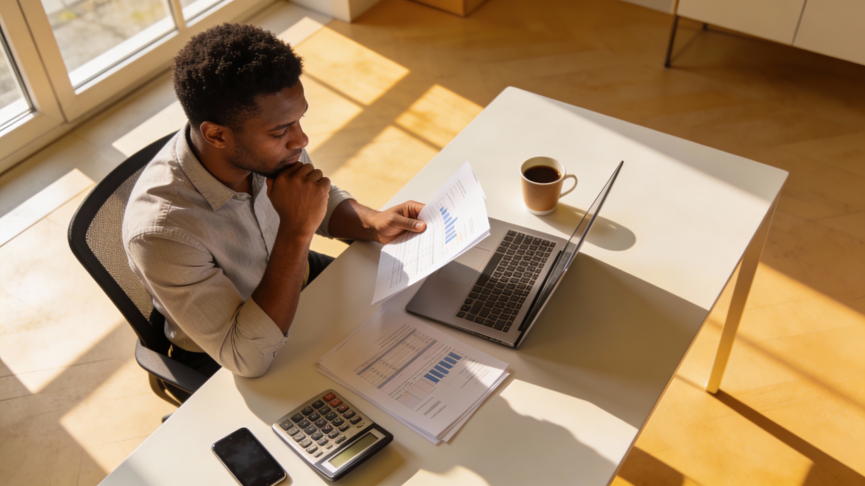 Small business owner reviewing working capital loan options with determination