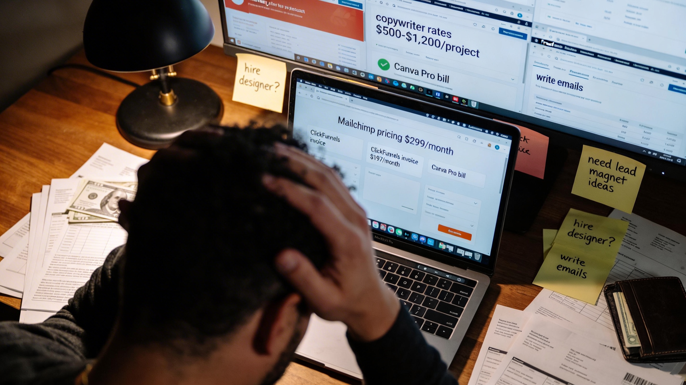 Photorealistic overhead shot of exhausted American entrepreneur working late at night, laptop showing Mailchimp pricing $299 per month, ClickFunnels invoice $197 per month, multiple freelancer websites with copywriter rates $500-$1,200, scattered bills, empty wallet, stressed expression, dim lighting showing financial overwhelm