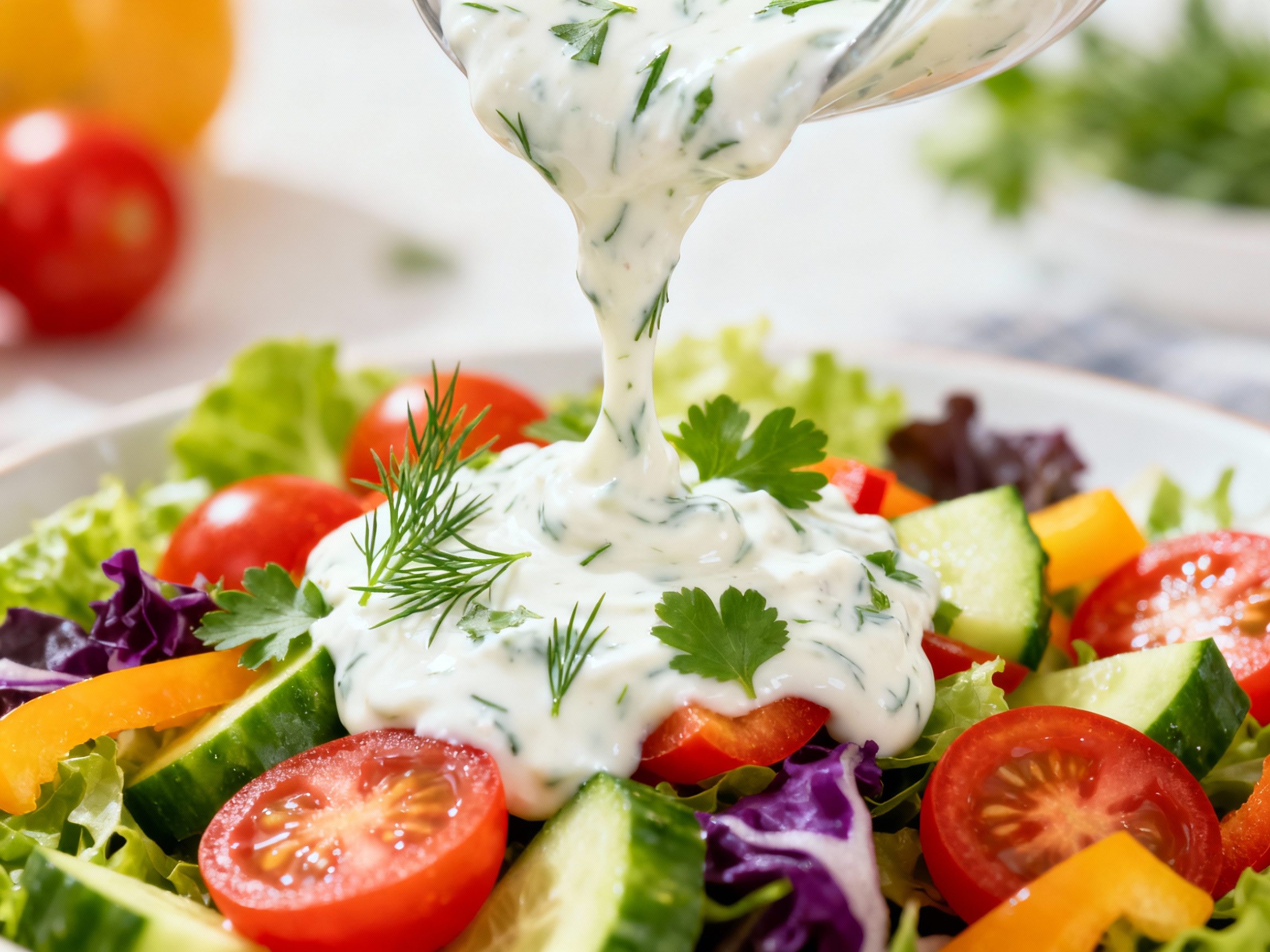 Realistic image of low-fat Greek yogurt-based dressing drizzled over fresh colorful salad.