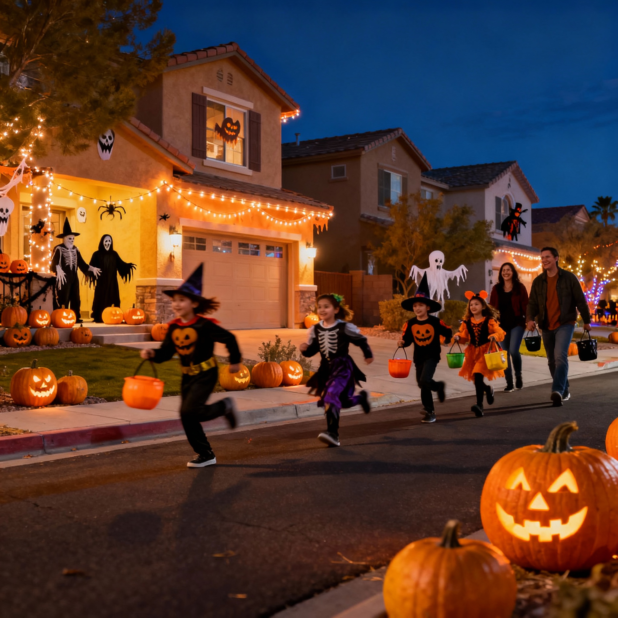 Boulder City Nevada Halloween decorated neighborhoods with children trick-or-treating at night