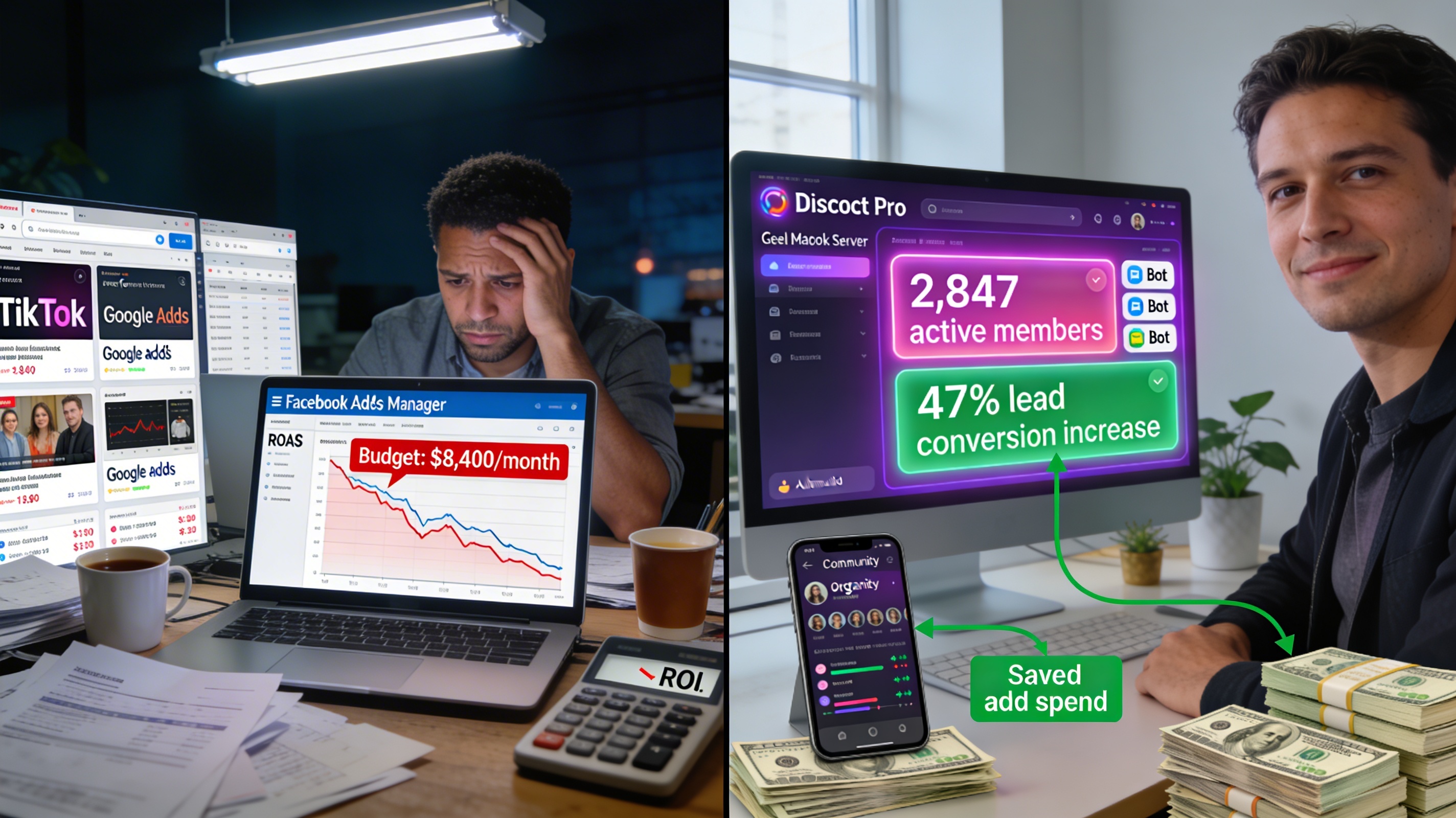 Photorealistic split screen comparison showing stressed American business owner surrounded by expensive Facebook Ads Manager dashboard with declining ROAS versus confident successful entrepreneur with AI lead generation dashboard showing 2,847 captured leads and 47% conversion increase